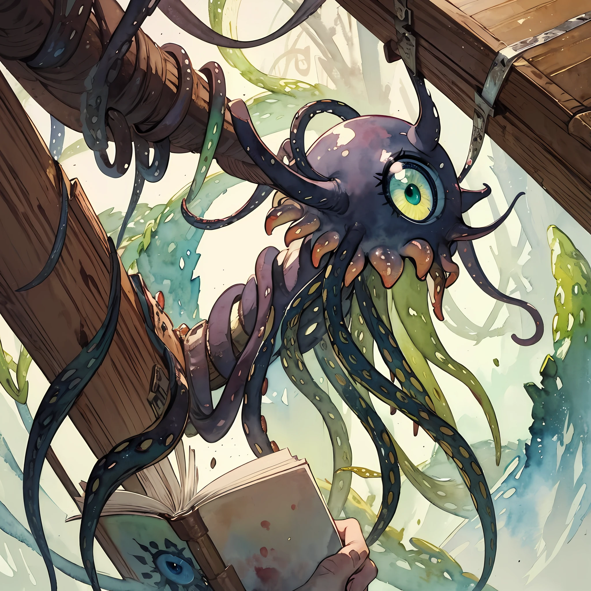 Abyssal Tomeshell which is a living floating book with tentacles and a eye, brown cover, tan pages, brown-green tentacles, emerald green eye, masterpiece, best quality, (in watercolor painting style)