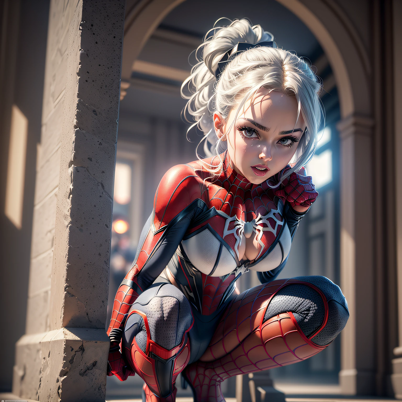 (Extreme Detail CG Unity 8K wallpaper, masterpiece, highest quality), (Exquisite lighting and shadow, highly dramatic picture, Cinematic lens effect), a girl in a white Spider-Man costume, silver gray hair color, from the Spider-Man parallel universe, Wenger, Marvel, Spider-Man, sitting on the couch, dynamic pose), (excellent detail, excellent lighting, wide angle), (excellent rendering, enough to stand out in its class), focus on white Spider-Man costumes, complex spider textures --auto