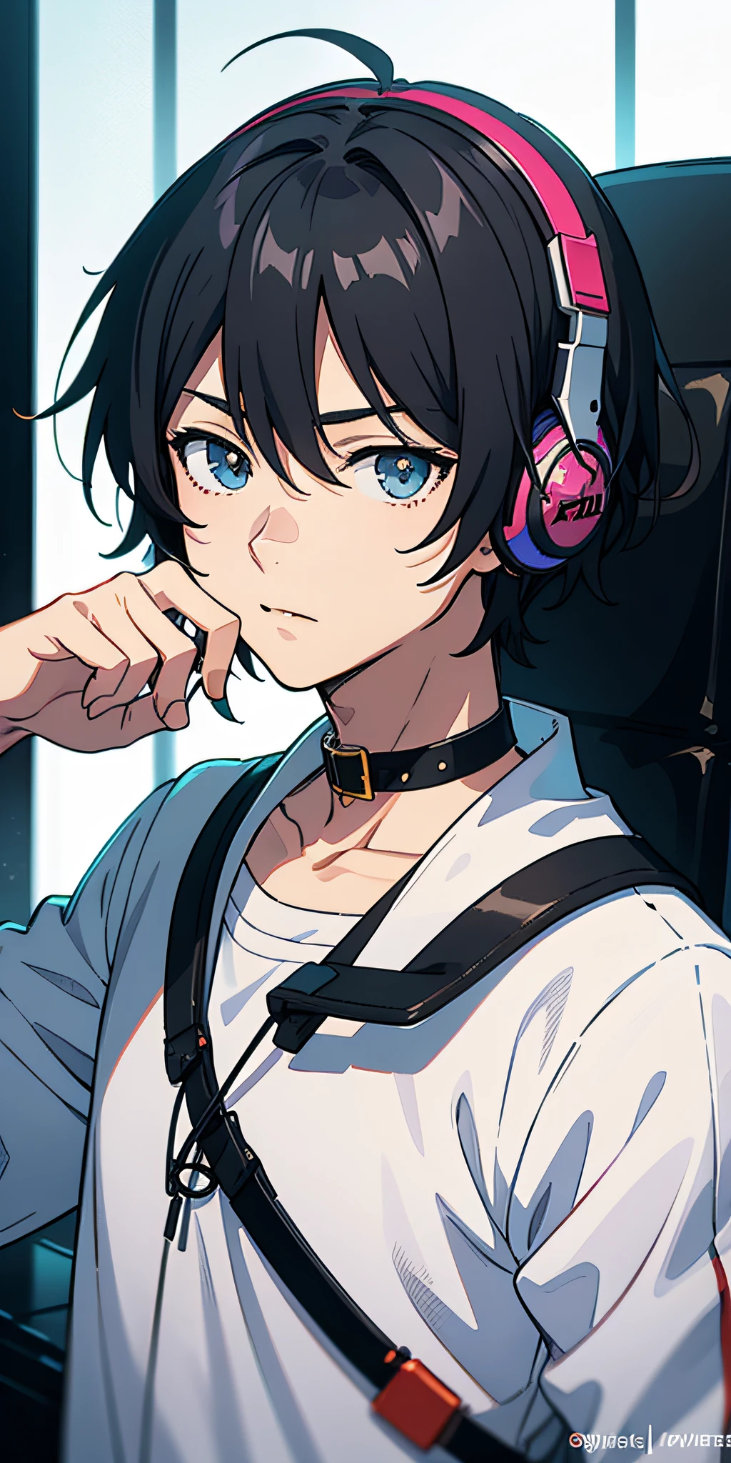tmasterpiece, best qualtiy, NSFW, 1boy, (best qualityer:0.8), (best qualityer:0.8), Perfect anime illustration,Anime boy in white shirt, black cloaths,Landline headsets,Gray hair,Black color hair,Collar,Hair gradient,Anime boys,with headphones on, Anime moe art style, anime ears, Anime boy with hamster ears, ig studios anime style, High quality anime art style, in an anime style,