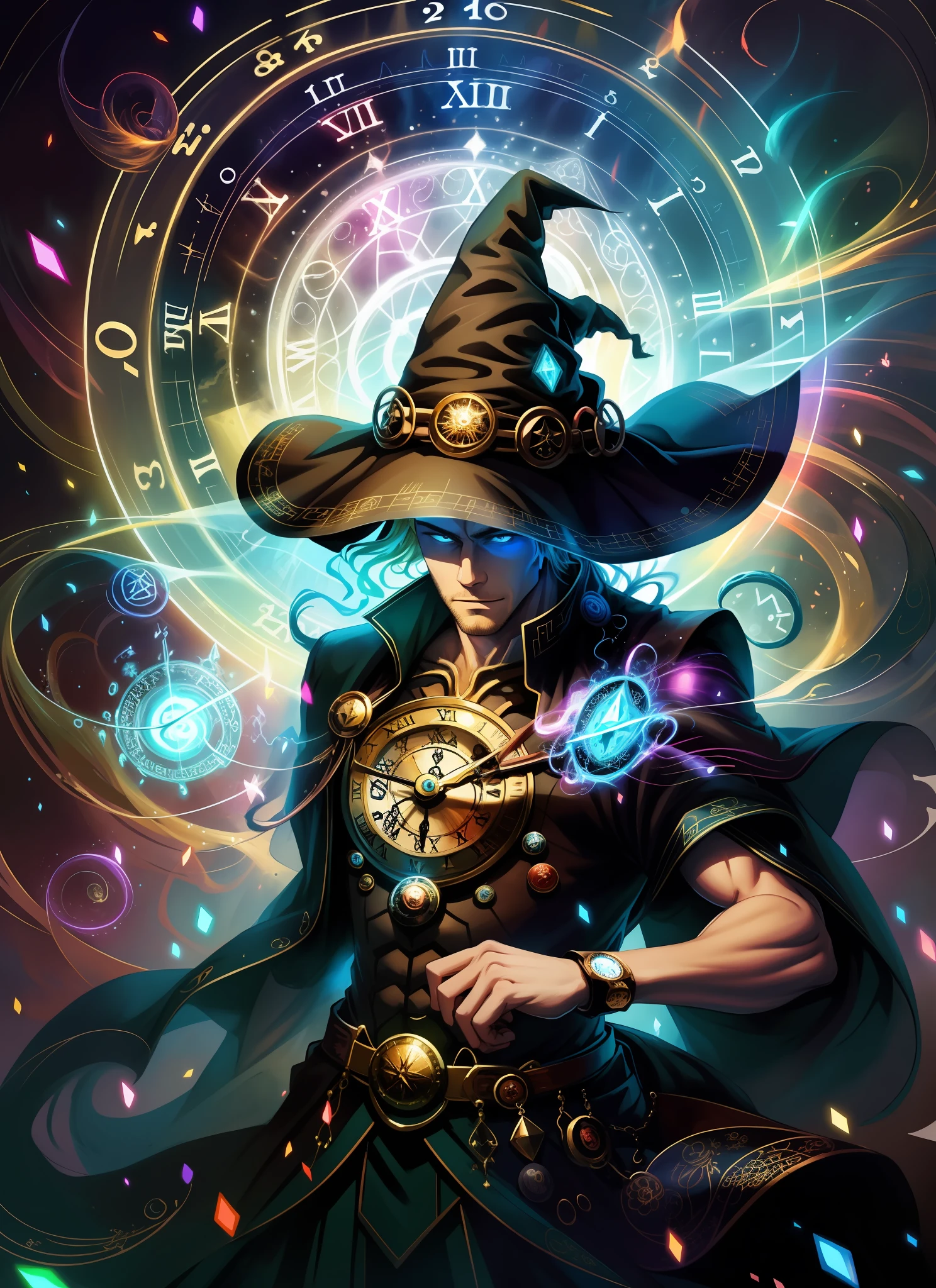 (masterpiece, best quality),  stylized digital art, abstract and colorful paint style, 3DMM,
(1man, muscular adult  male:1.2),  brown eyes, natural blonde hair, fade,
 looking down, solo, upper body, detailed background, (ChronomancyAI, chronomancy theme:1.1), light smile, witch hat, witch, magical atmosphere, hair flowing in the wind, green trimmed dark colored clothes,  colorful whirlwind of swirling elemental weaves in the air, swirling portal, dark magic, (style-swirlmagic:0.8), floating particles, clouded background, updraft, backlighting,