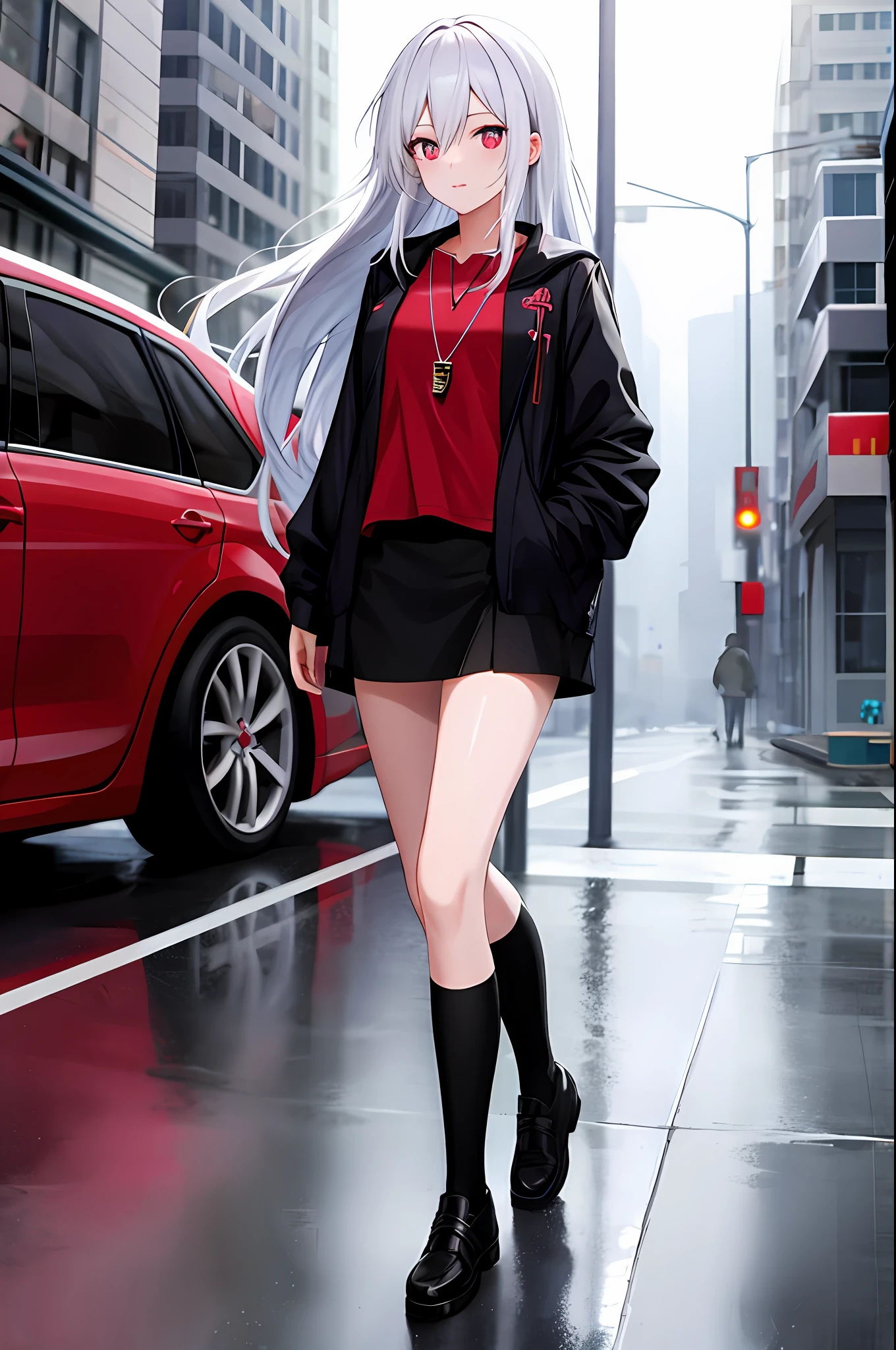 animemanga girl，White color hair，red color eyes，glomy，Blackn clothes，Pendant on the chest，The upper part of the body，which stands on the street，rained，high qulity，8K