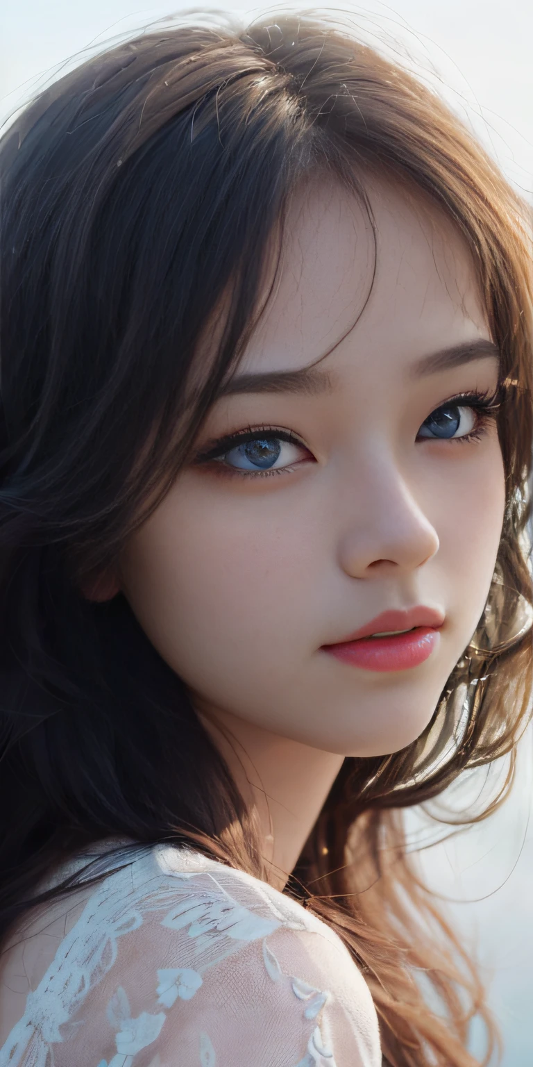 (1girl in), 独奏, view front、facial close-up、(((extra detailed face)))), ((extremely detailed eye and face)))), beautiful finely detailed eyes, , ultra-detailliert, Beautiful and beautiful, Beautiful fece, ​masterpiece, top-quality, original, ​masterpiece, ultra fine photos, top-quality, 超A high resolution, Realistic realism, sunlights、Amazing beauty,  delicated face, vibrant eyes, (from the front side)、A detailed face、highlydetailed skin、realistic skin detail、Visible Pore、clear focus、Volumetric fog、8k UHD、Digital SLR、hightquality、film grains、fair white skin、photorealisim、