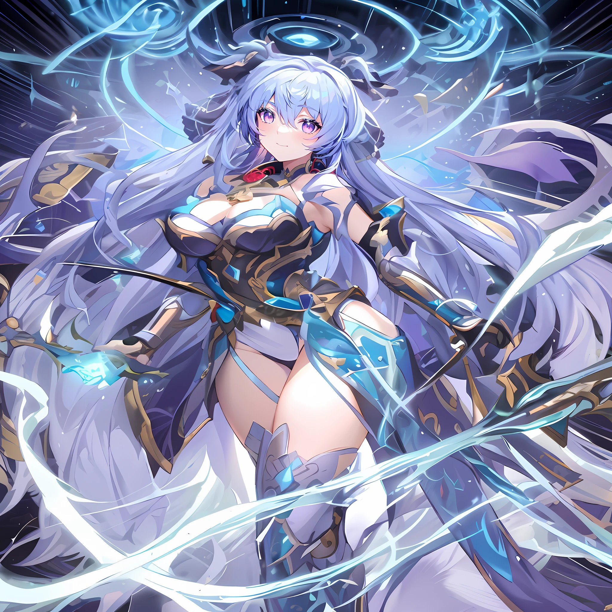 a close up of a woman with long hair and a sword, portrait knights of zodiac girl, anime goddess, knights of zodiac girl, ayaka genshin impact, goddess of lightning, cushart krenz key art feminine, full portrait of elementalist, keqing from genshin impact, detailed key anime art, armor girl, high detailed official artwork