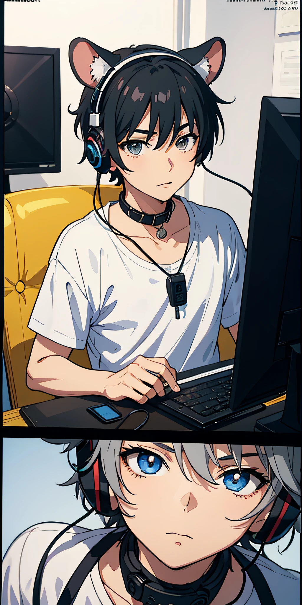 tmasterpiece, best qualtiy, NSFW, 1boy, (best qualityer:0.8), (best qualityer:0.8), Perfect anime illustration,Anime boy in white shirt, black cloaths,Landline headsets,Gray hair,Black color hair,Collar,Hair gradient,Anime boys,with headphones on, Anime moe art style, anime ears, Anime boy with hamster ears, ig studios anime style, High quality anime art style, in an anime style,