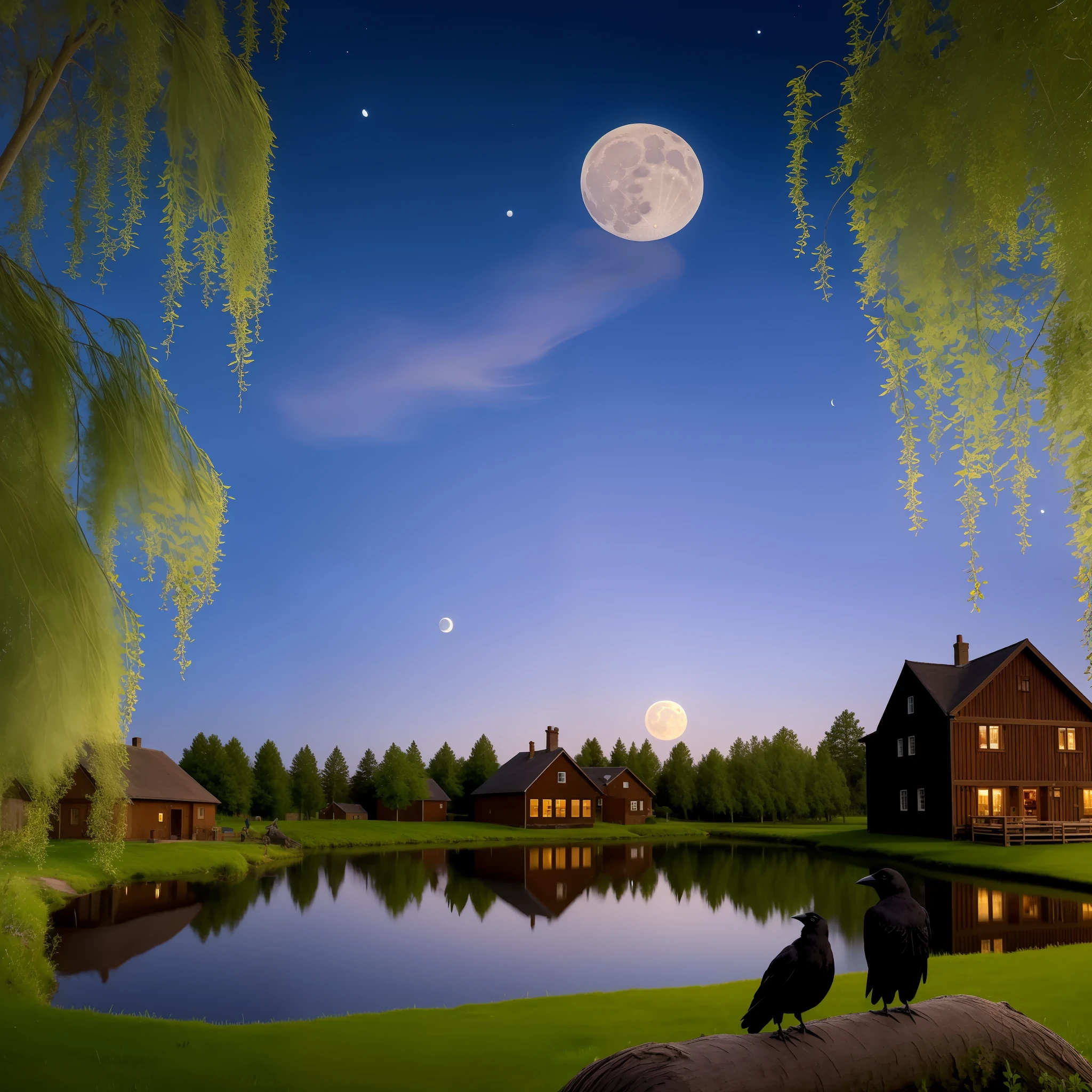 Midsummer night sky,Boy by the pond,The crow landed on the willow tree next to it,The moon is in the sky,Wonderful village,Rising cooking smoke
