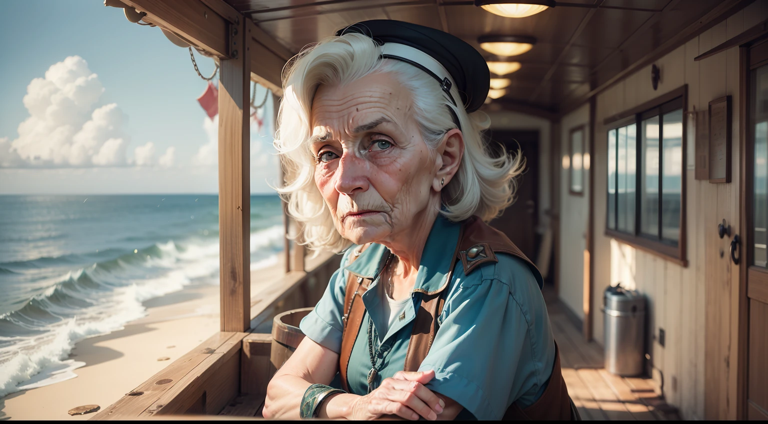 An elderly female sea captain with a weathered face, a determined expression, and a sturdy, seaworthy vessel.