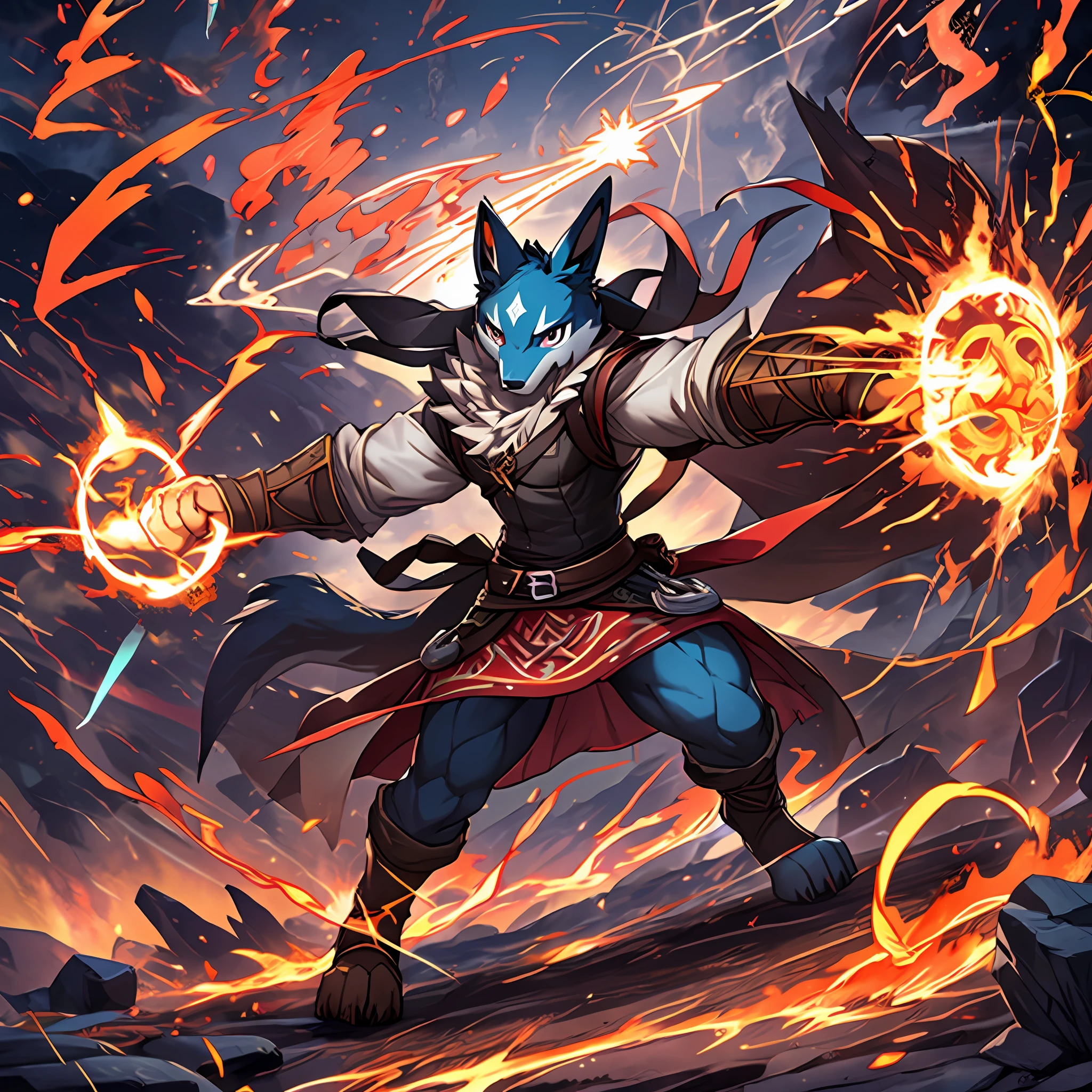 top quality, high-quality illustrations, the beautiful depiction of light seen in Vermeer's works, the intricate portrayal of muscles found in Michelangelo's works, Landscapes inspired by biblical themes depicted by Leonardo da Vinci,((masterpiece)),best quality, (max quality),high resolution, high details,Lucario, full body(Fighting Pose)casting lightning, electricity, swirling fire, radiating power, sparks, smoke, magic, ((dramatic)), epic, battlefield, depth of field, bokeh, 4k, gothic, ember, particles,