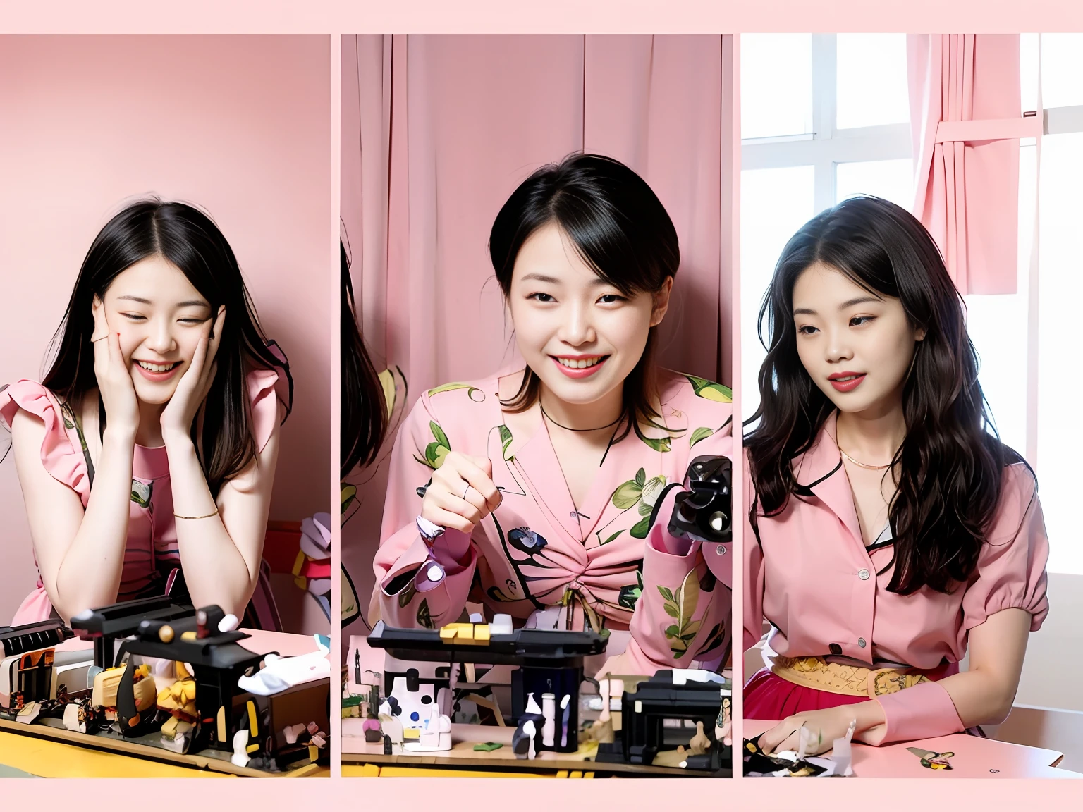 There are three pictures of women playing with trains, shot with canon eoa 6 d mark ii, 🤬 🤮 💕 🎀, Album art, photoshoot, video still, 😭 🤮 💕 🎀, music video, 🕹️ 😎 🔫 🤖 🚬, inspired by Xia Gui, shaxi, Inspired by Song Maojin, mukbang