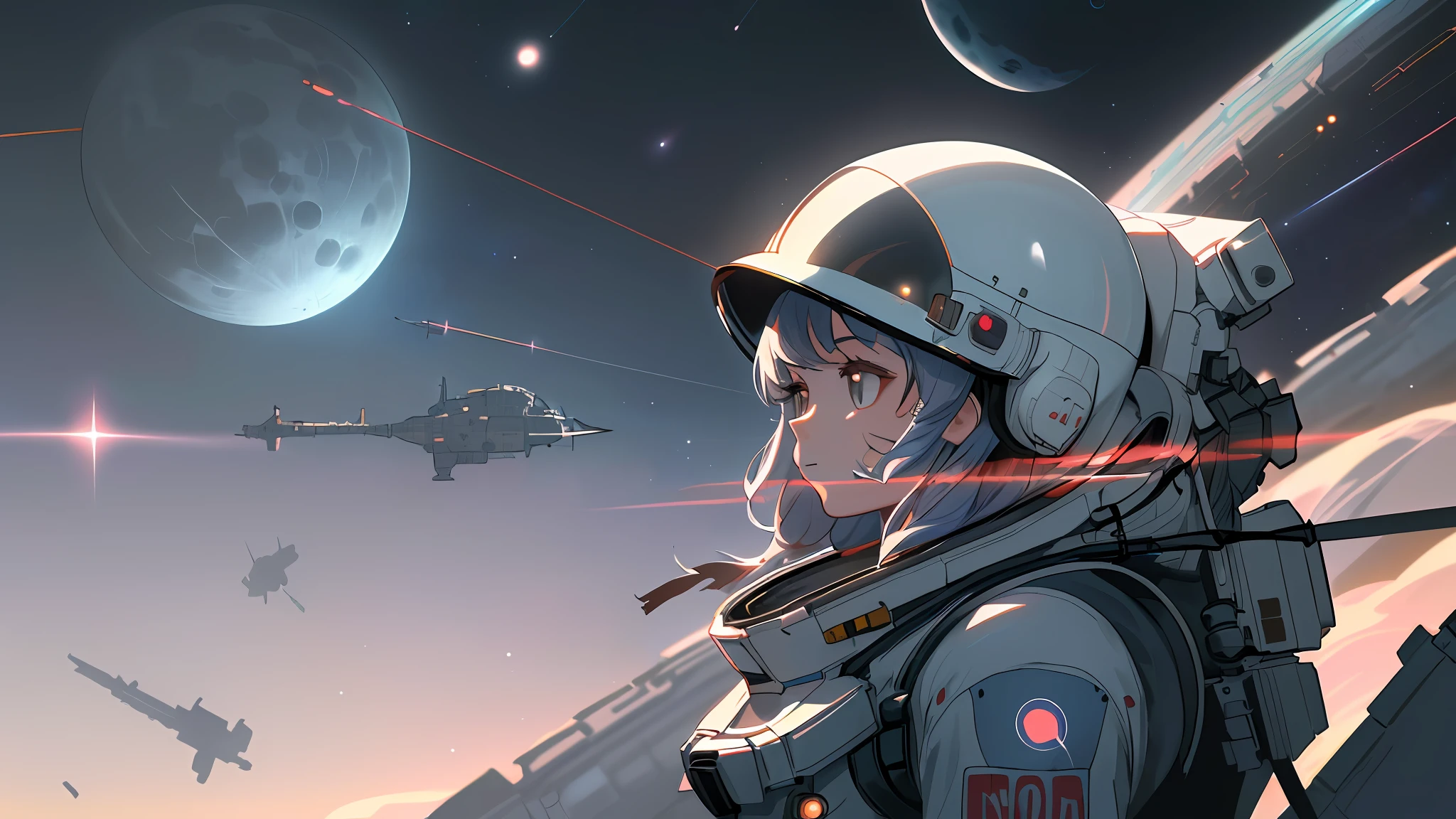 (((masterpiece,best quality,an extremely delicate and beautiful,illustration))),

(from side,medium long shot),

((a cute_detailed_girl in spacesuit,beautiful_detailed_face in aerospace_helmet)),(((upper body))),(disheveled hair:0.3),

(((clouds:0.3),multiple_luna,(floating_fortress technology machinery),night sky background)),

(cyberpunk_aerospace_helmet)