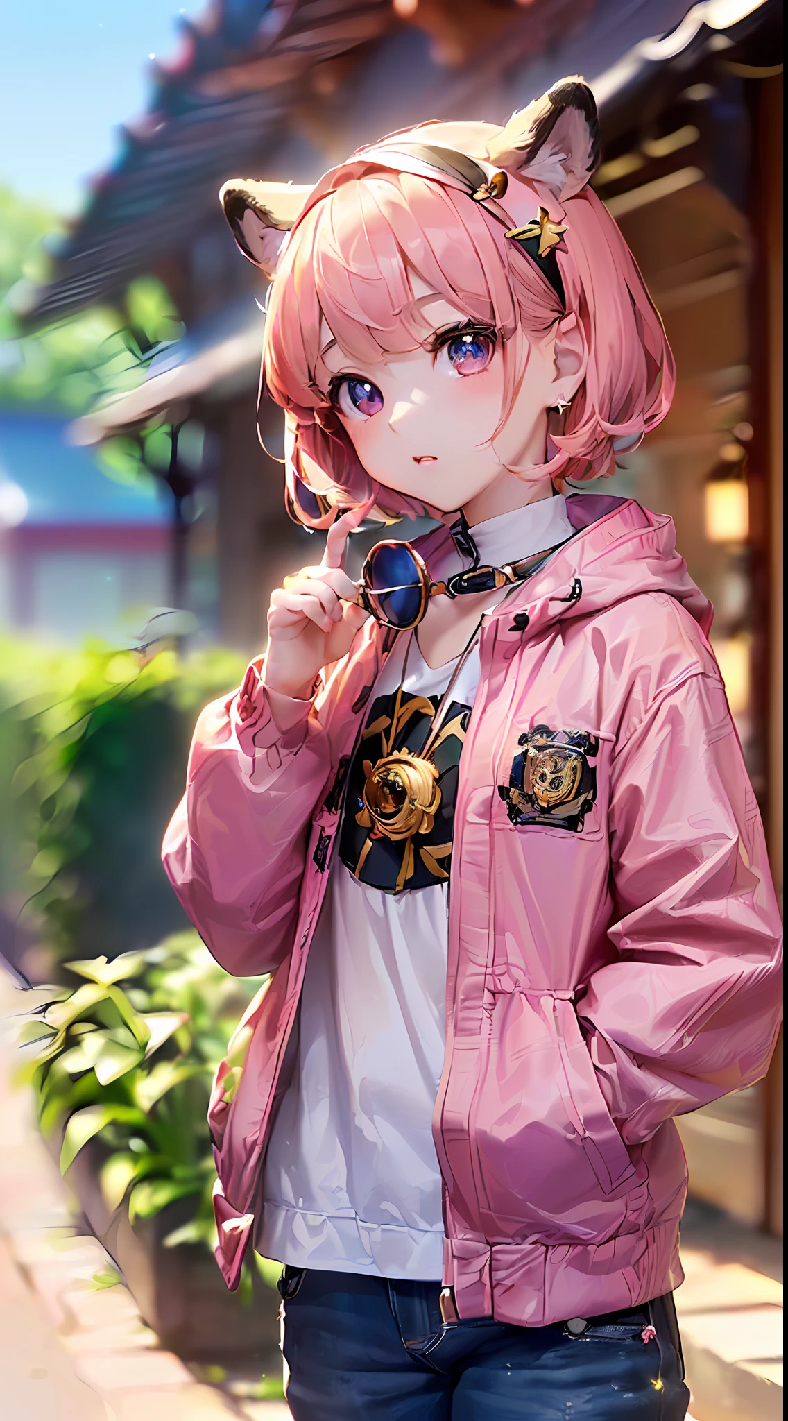 「(8k wallpaper:1.5)、(high-level image quality:1.3)、(animesque:1.8)、(girl with、独奏、cute little、short-hair:1.8)、(beatiful detailed eyes, Stars in the eyes:1.3)、(jaket、Lunette de soleil:1.3)、(pink there、an orange、amaryllis:1.3)」