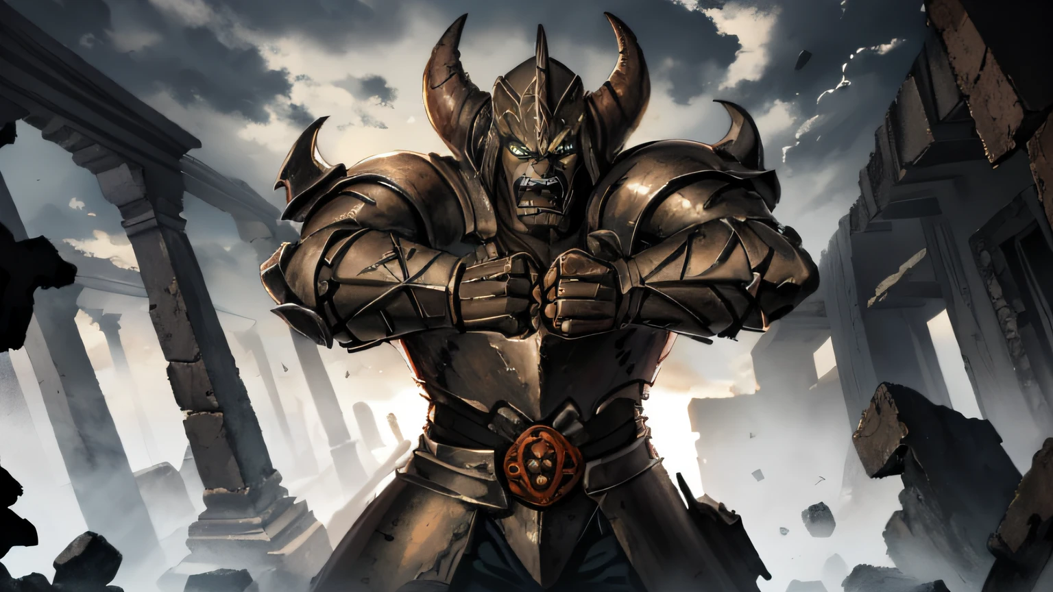 Angry black-armored brown-skinned orc，，Background of the Broken Temple