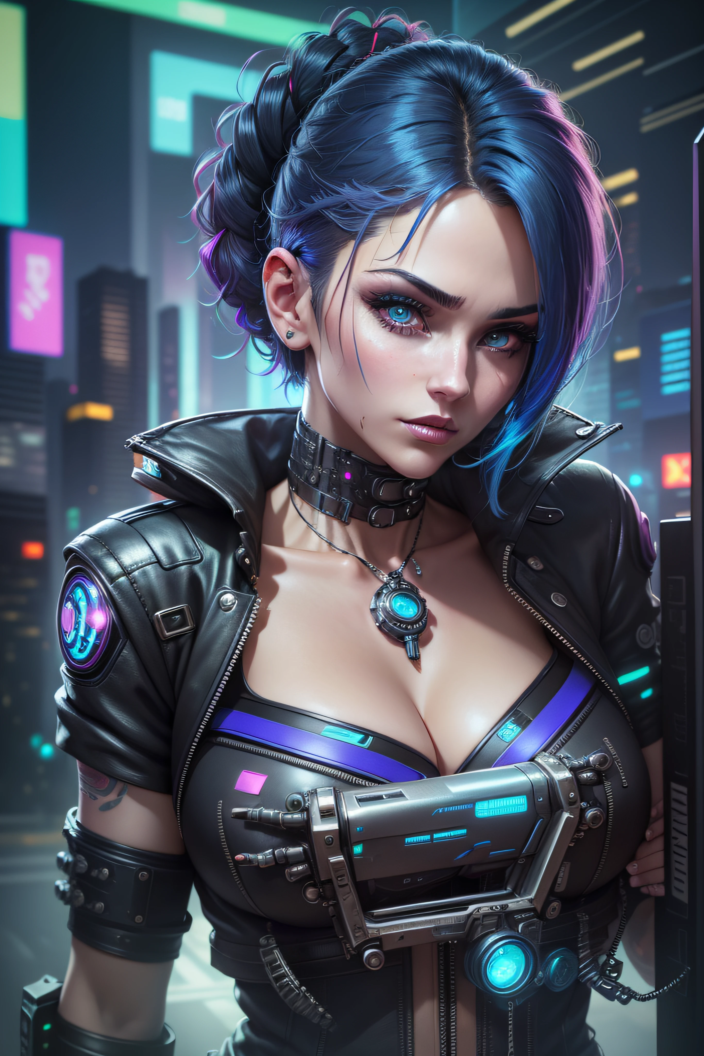 cyberpunk portrait photography, beautiful young woman looking off camera in glowing futuristic jacket, super realistic face, eyes visible through hair, proper eye position, natural skin, soft light, rim light, hips, in road side, detailed background, intricate , highly detail, octane render, HD, 8k, by Annie Leibovitz,120mm