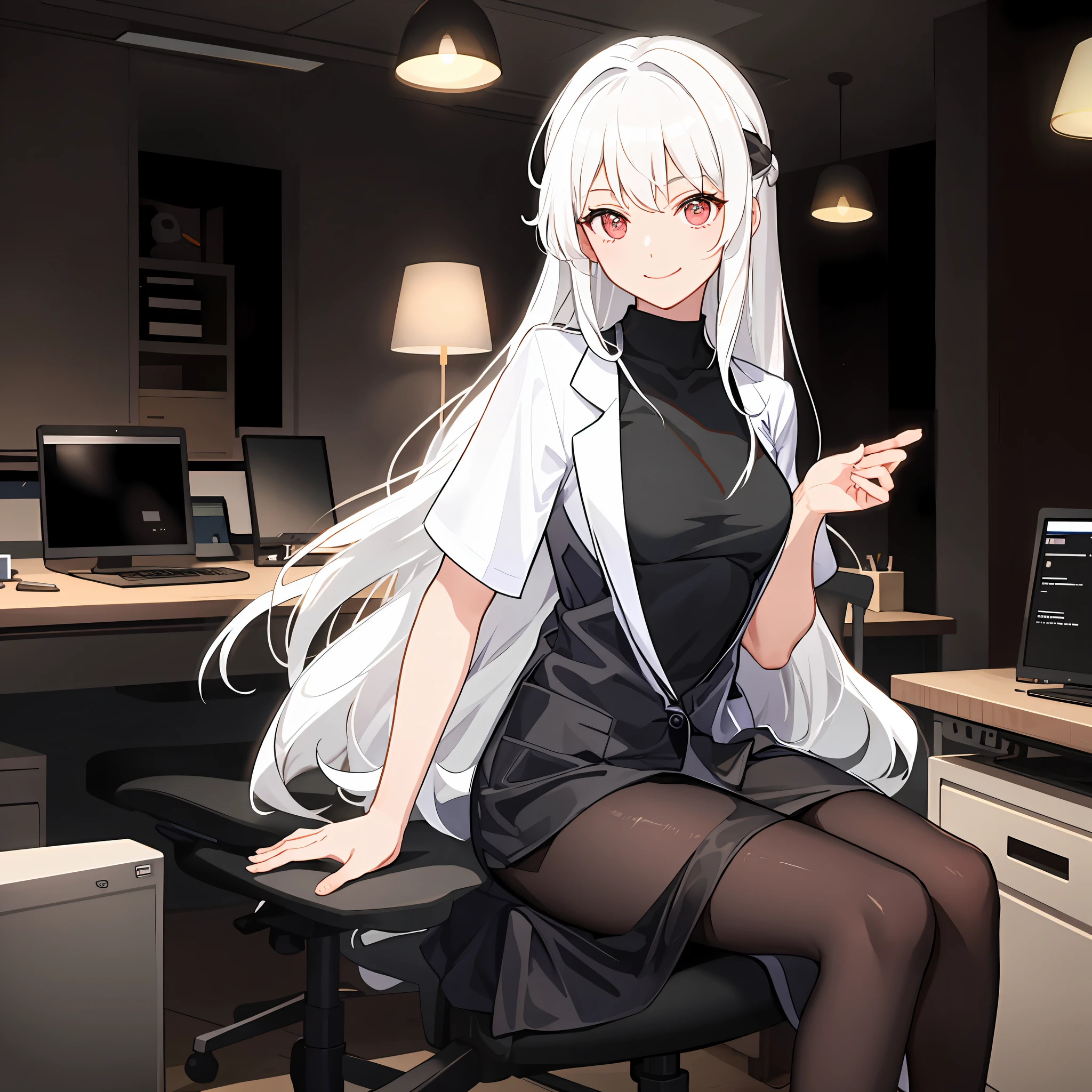 White hair,long white hair, Draped hair, no ponytail girls, White lab coat, The shirt inside is black cotton, Moderately small breasts, head-up to the camera, Facing the camera, In a dark room,The girl sat in a black office chair, The left hand is more V-shaped than the right hand resting on the breast, Expose your legs,Black stockings wrapped everything, With a smiling emoji, Correct limbs,There is a bunch of flashing displays behind the girl,The display is on a black desk