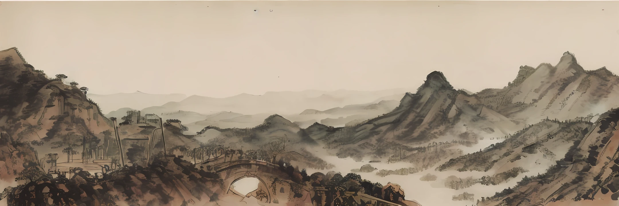 A Chinese painting。Mountain trails,zephyr,A skinny horse(Skin and bones),Desolate mood,the setting sun。