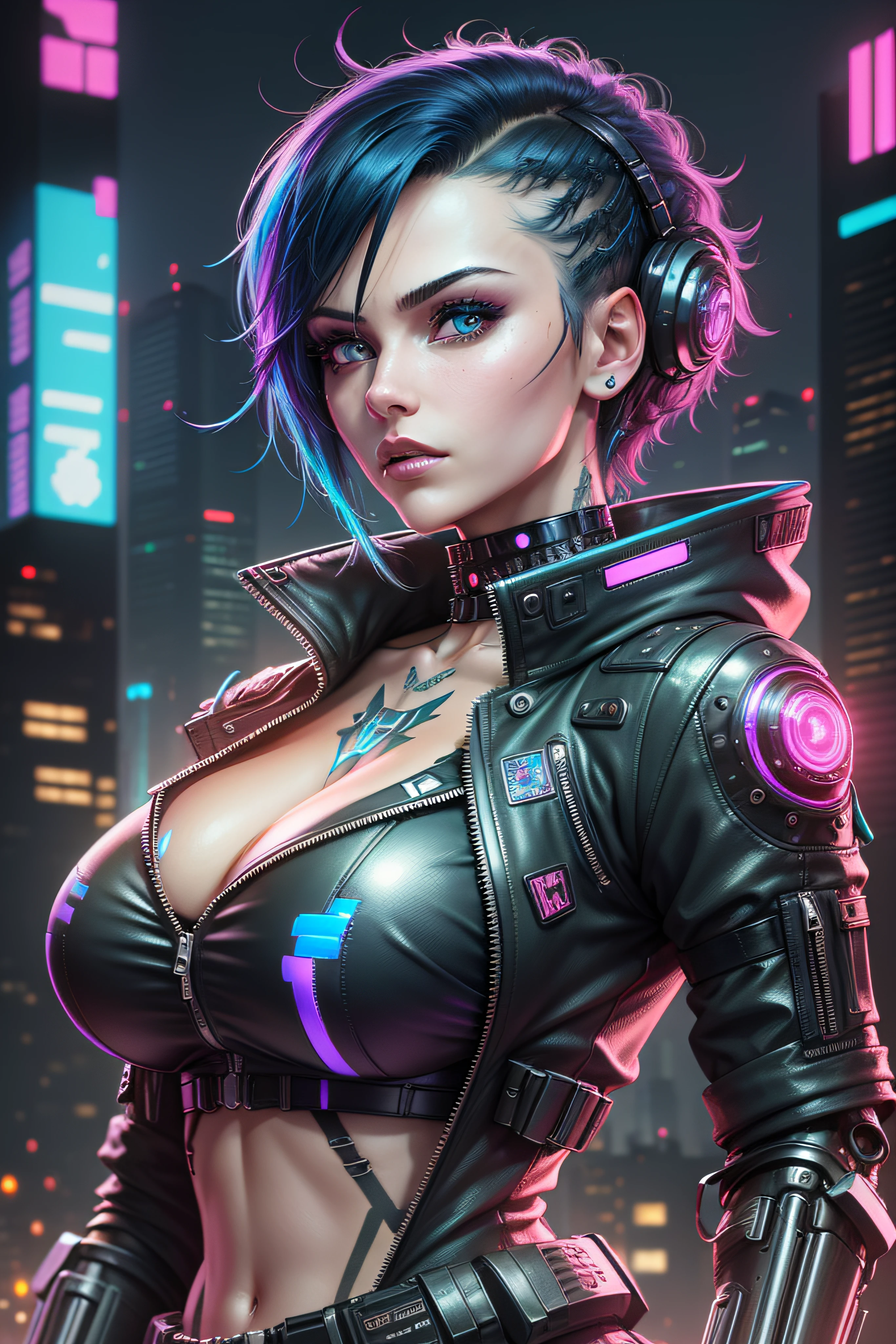 cyberpunk portrait photography, beautiful young woman looking off camera in glowing futuristic jacket, super realistic face, eyes visible through hair, proper eye position, natural skin, soft light, rim light, hips, in road side, detailed background, intricate , highly detail, octane render, HD, 8k, by Annie Leibovitz,120mm