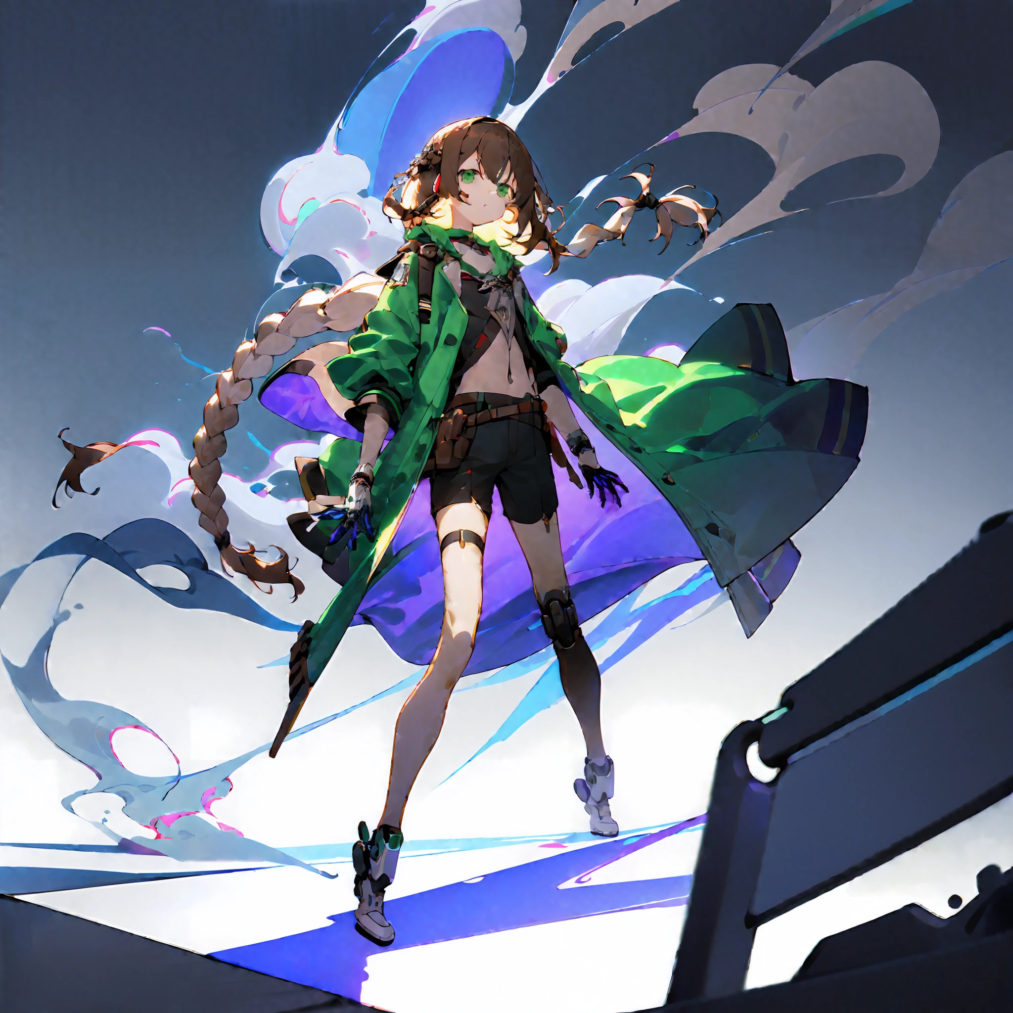 （Mechanical punk background)，[[(Background on white background:4) ::5]]，（isometry：1.0），Large area of blank，（Delicate face and beautiful eyes），simplebackground， 1girll， Medium Shot Shot， (full bodyesbian)， light particules，（Very long hair）(((Brown long double braid)))，(floated hair)，(Green near-futuristic cyberpunk jacket)，Green eyes，Standing painting style，(face expressionless)，((Mechanical legs for girls))，(Smoke background)，（独奏），green colored theme，Volumetriclighting，Small Man，flatchest，cropped legs，Earphone，Four-headed body，Cold，looking at viewert，（（（short man））），the detail，grieves，exquisite detailing，Leg straps，frontage，offcial art，Standing painting style，Extreme light and shadow，Very detailed，Facial portrayal，Ray traching，Dramaticlight，Dramatic shadows，salama，dyna