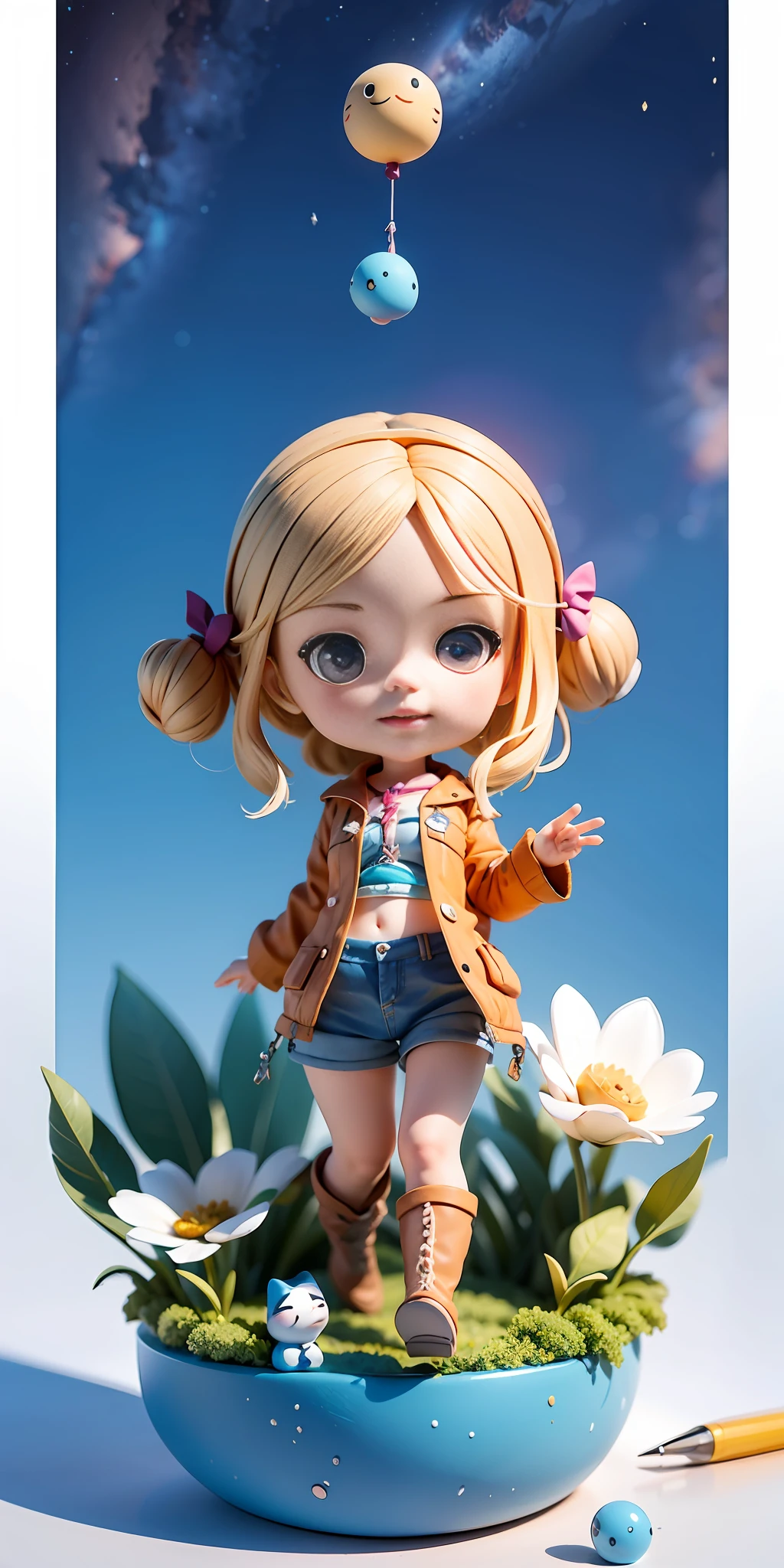 Ridiculous resolution, A high resolution, (巨作:1.4), ultra - detailed, Super cute girl full body 3D drawing,adolable,Poppy blind box,guardians of the galaxy, look from down, comical,the space, afloat,magia,earth in the sky,Blue Planet --v 6