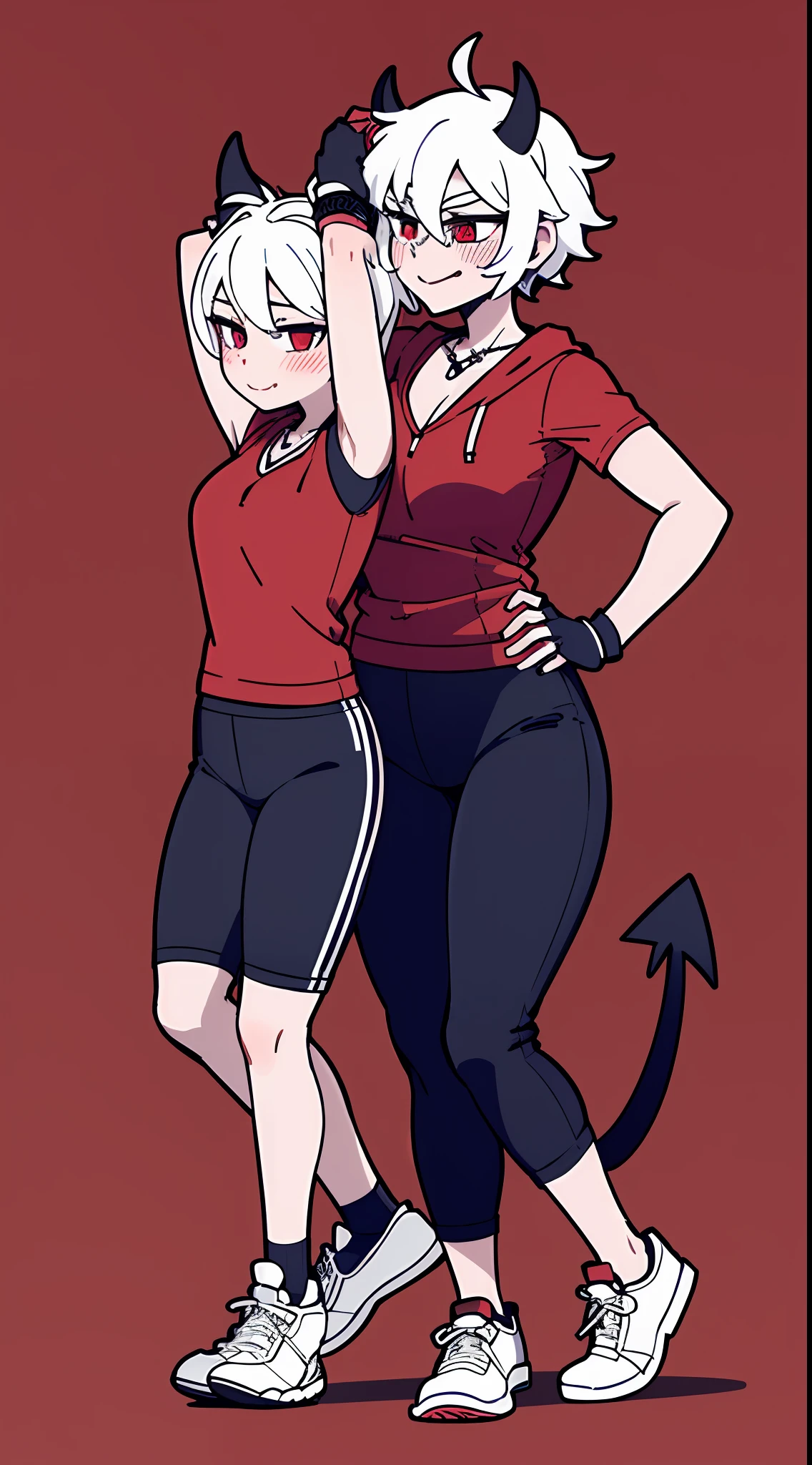2 girls, close together, height difference, hand on another's head, short and tall, short sleeve hoodie, black fingerless gloves, breasts, arms at sides, wide hips, blush, blushing, thick thighs, night, cross necklace, heart eyes, full body shot, horns on head, demon tail, black white and red outfit, red black and white background colors, black cargo shorts, white hair, tomboy, tall, short hair, smirk, smug, sneakers, running shoes, rolled up pants, exposed calf's, exposed thighs, gym clothes, tank top,