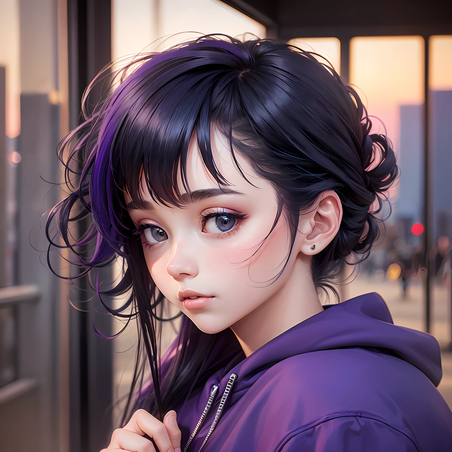 black hair, hair bobbles, wince, longeyelashes, solid circle eyes, light smile, ear blush, fang, gradient hair, forehead mark, glaring, hoop earrings, mouth hold, bangs, sunglasses, hood down, Surrealism, drop shadow, anaglyph, stereogram, tachi-e, pov, atmospheric perspective, 8k, super detail, ccurate, best quality --auto