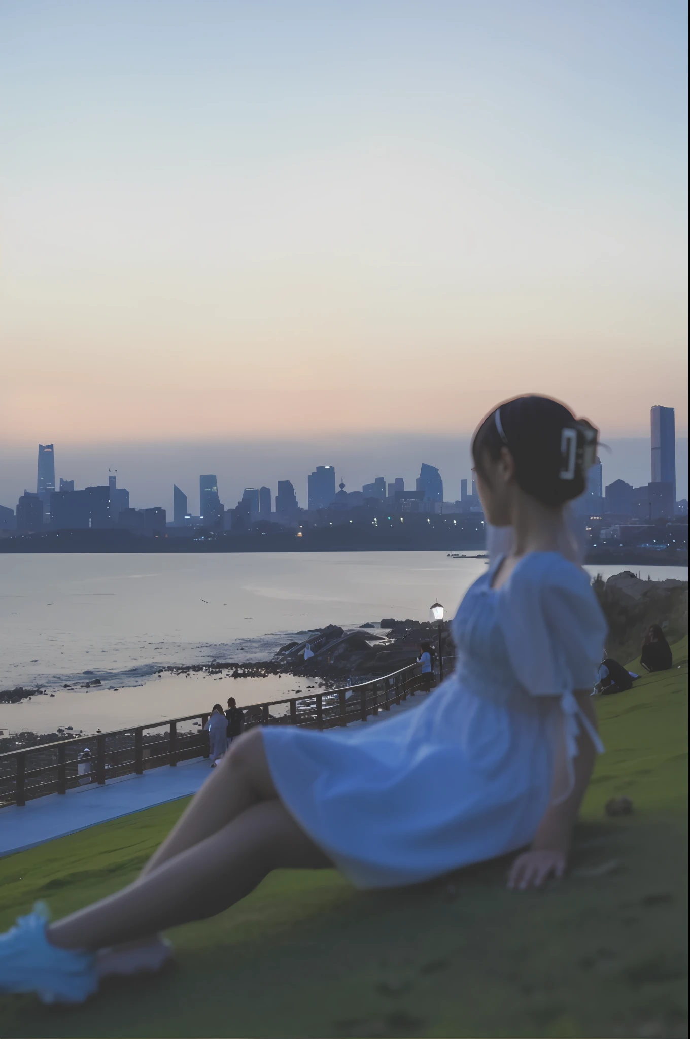 The Arad woman sits on the grass by the water,The background is a city, girl watching sunset, panoramic view of girl, With sunset, with the city as the background, shot at golden hour, photo taken with canon 5d, 8K 50mm ISO 10, chill time. Good view, looking at the city, late summer evening