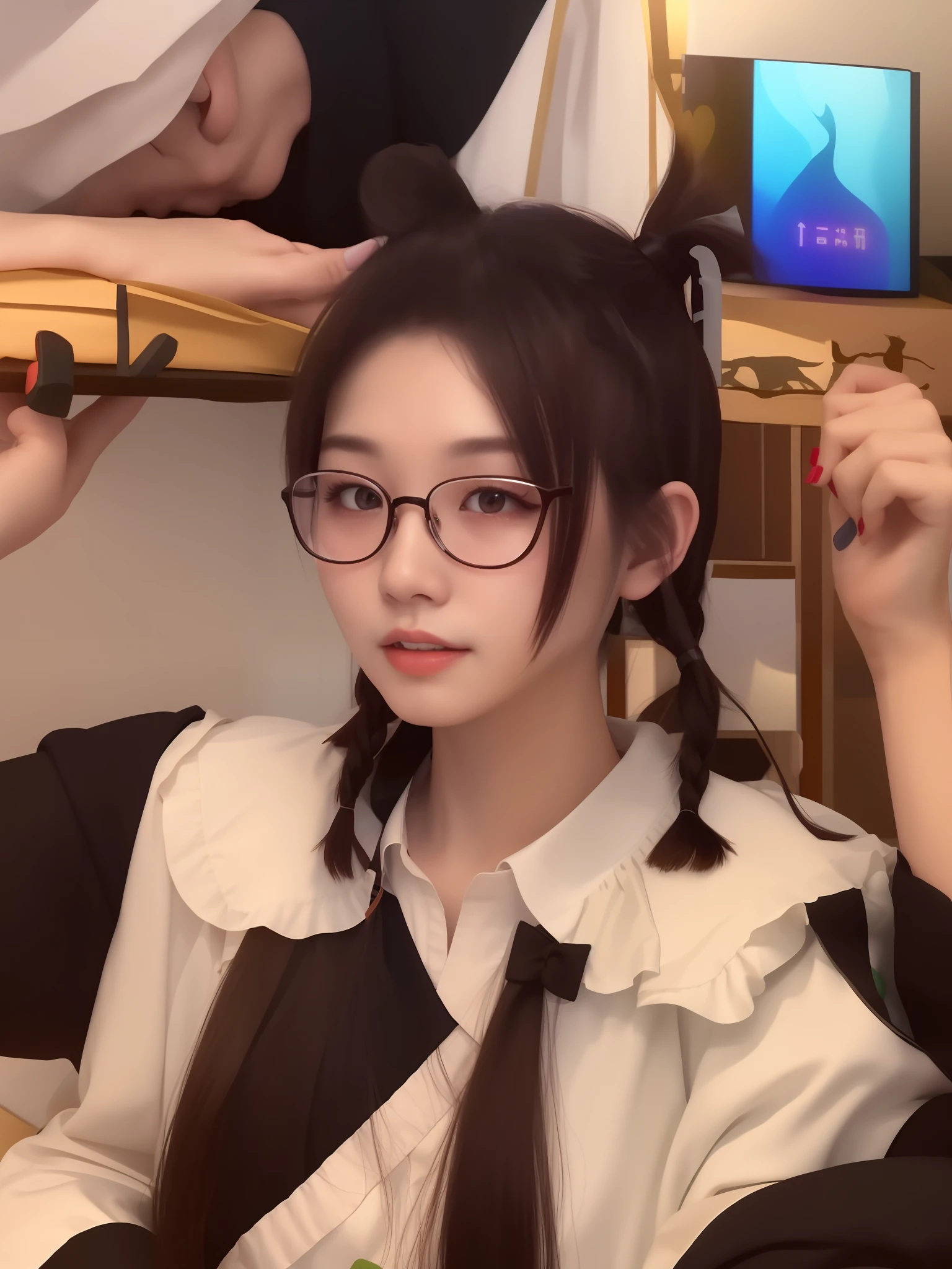 There is a woman sitting on the bed having,Holding a stuffed animal in his hand, With long hair, Wide forehead, braid hairstyle, Twin tail hairstyle, xintong chen, two pigtails hairstyle, yanjun cheng, she has two ponytails, Ruan cute vtuber, with black pigtails, low quality video, wearing small round glasses, Li Zixin, chiho