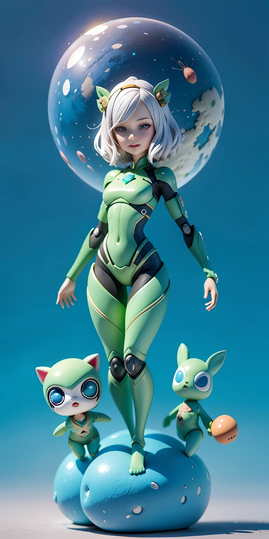 Ridiculous resolution, A high resolution, (巨作:1.4), ultra - detailed, Super cute girl full body 3D drawing，adolable，Poppy blind box，guardians of the galaxy，mantis, look from down, comical，the space, afloat，magia，earth in the sky，Blue Planet --v 6