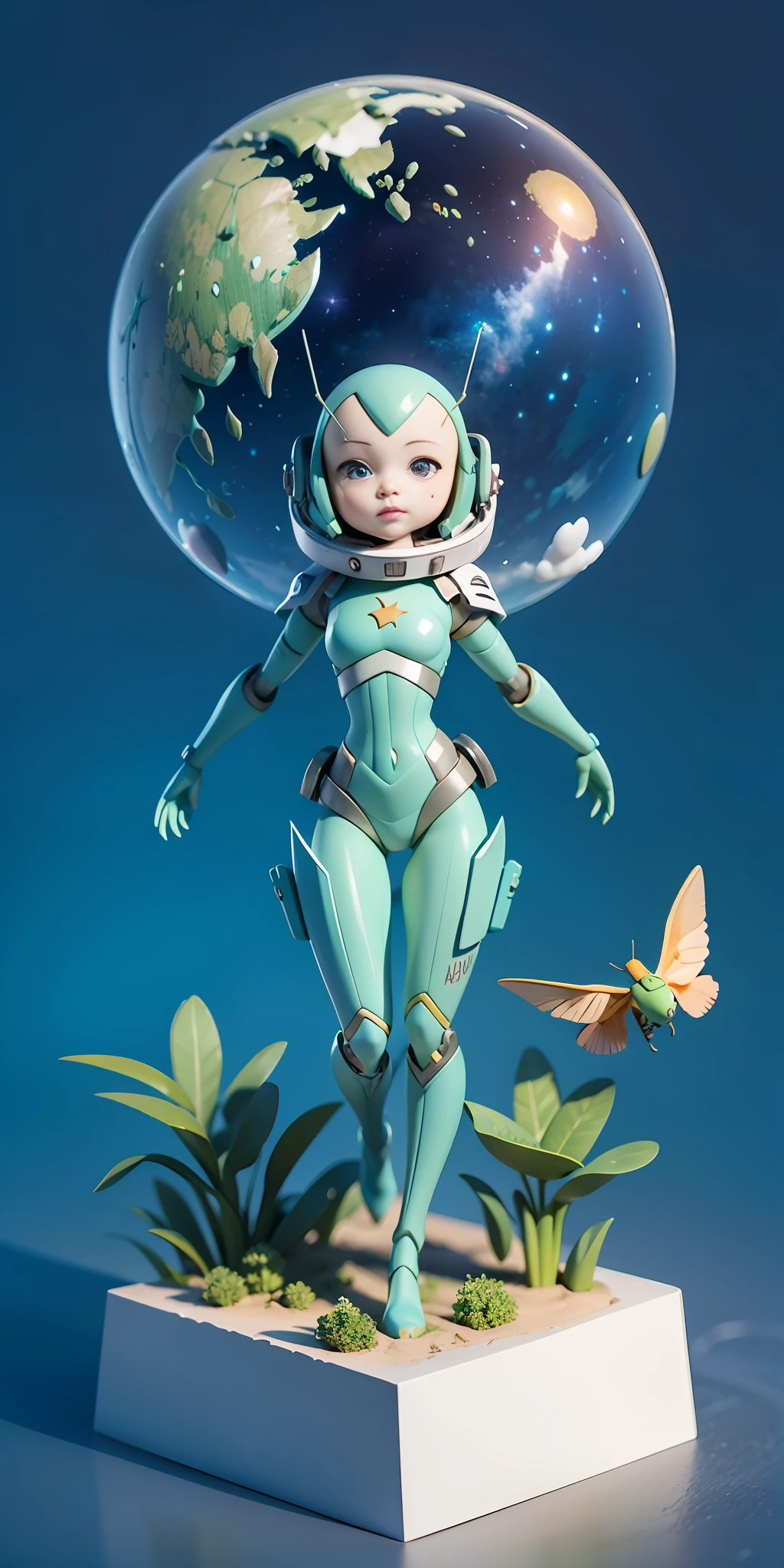 Ridiculous resolution, A high resolution, (巨作:1.4), ultra - detailed, Super cute girl full body 3D drawing,adolable,Poppy blind box,guardians of the galaxy,mantis, look from down, comical,the space, afloat,magia,earth in the sky,Blue Planet --v 6