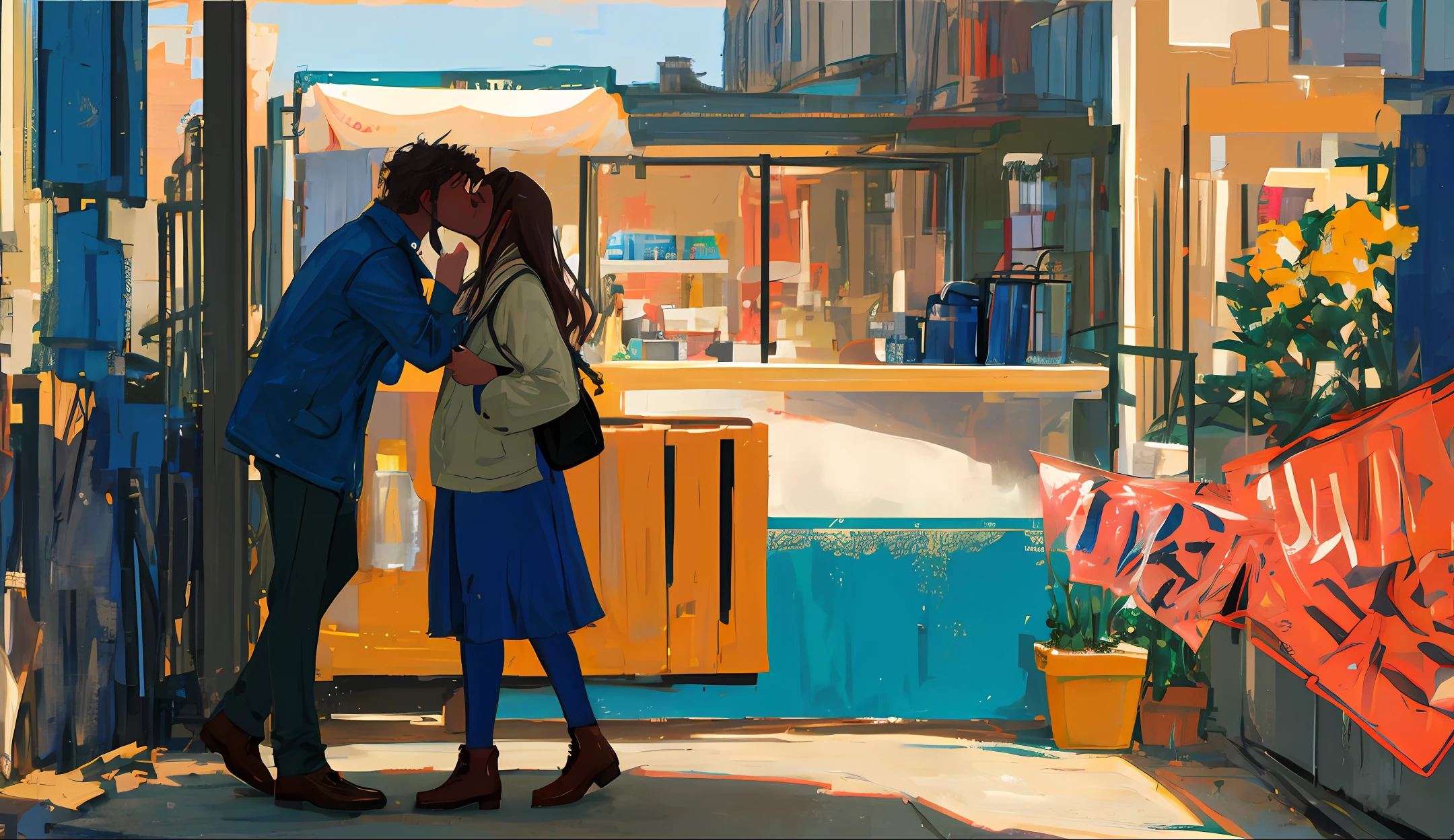 A man and a woman kiss