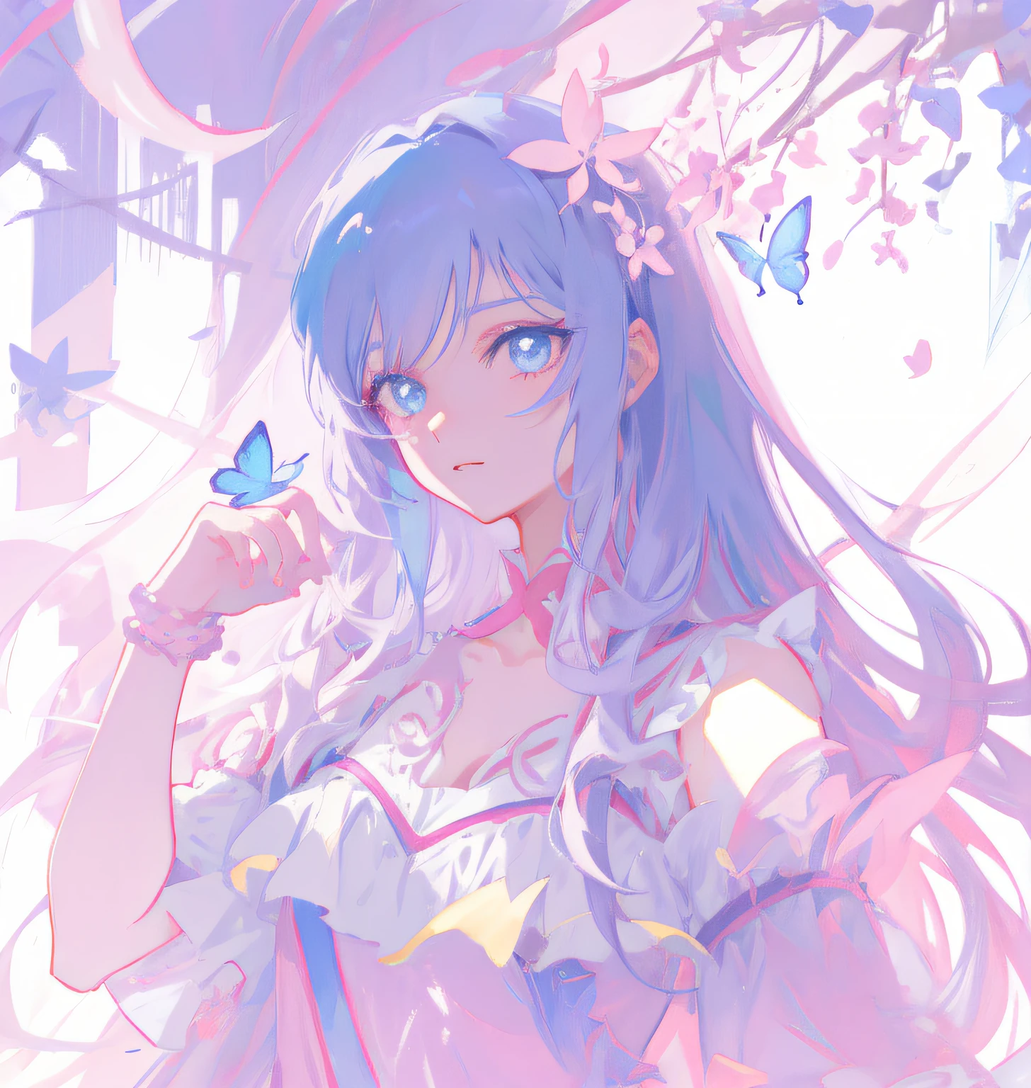 Anime girl with long blue hair and butterfly wings, beautiful anime art style, High quality anime art style, Anime art style, Anime moe art style, a beautiful anime portrait, nightcore, Soft anime illustration, Beautiful anime artwork, Beautiful anime girl, Beautiful anime style, Anime art style, anime styled digital art, Beautiful anime art, anime in fantasy style, Anime fantasy illustration，Textured skin，high detal，ultra-realistic realism