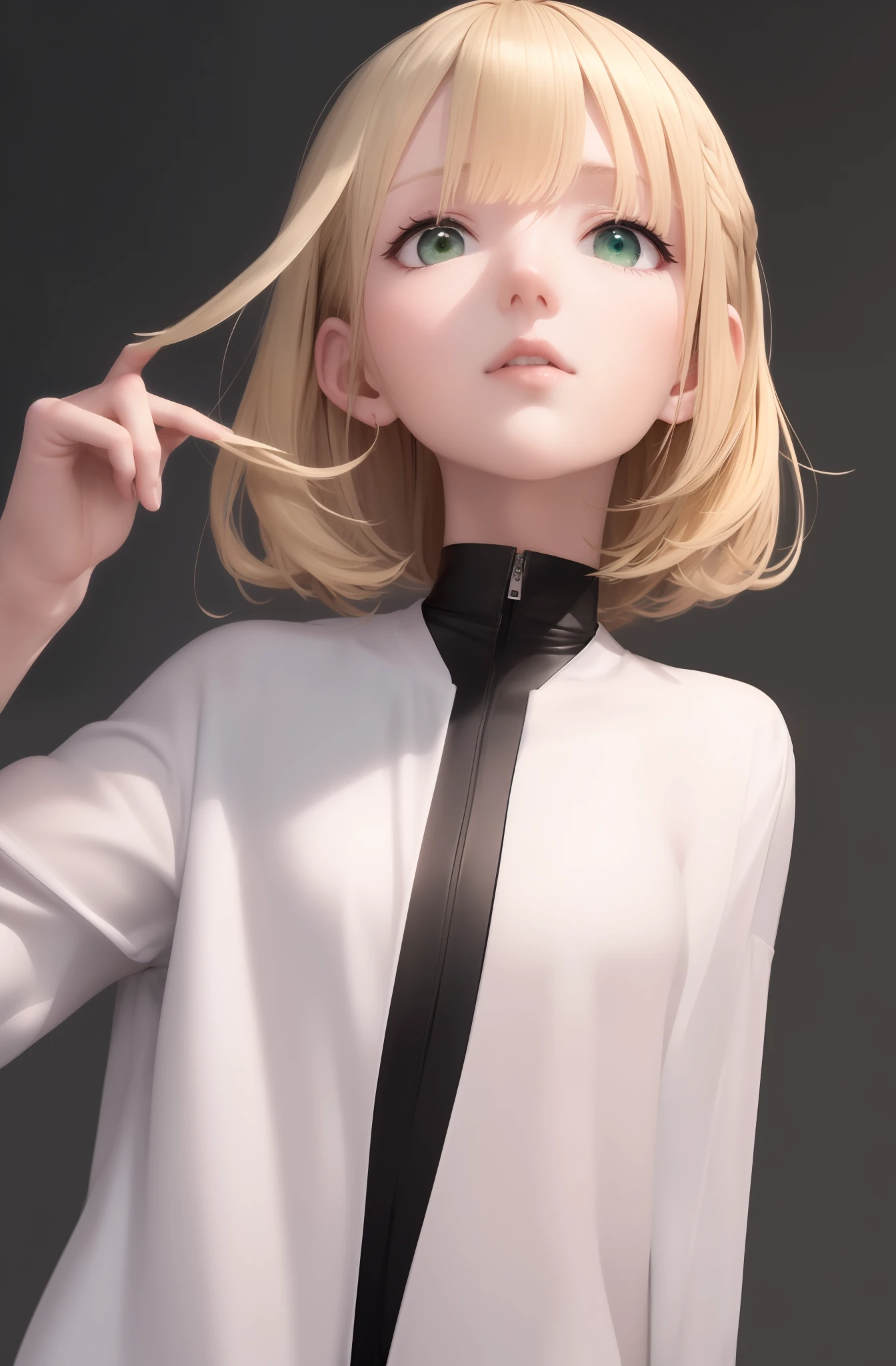 Need,tmasterpiece,blond hairbl,Green eyes,Manteau blanc,Look up,The upper part of the body,Hairline,Fair skin,SideBraid