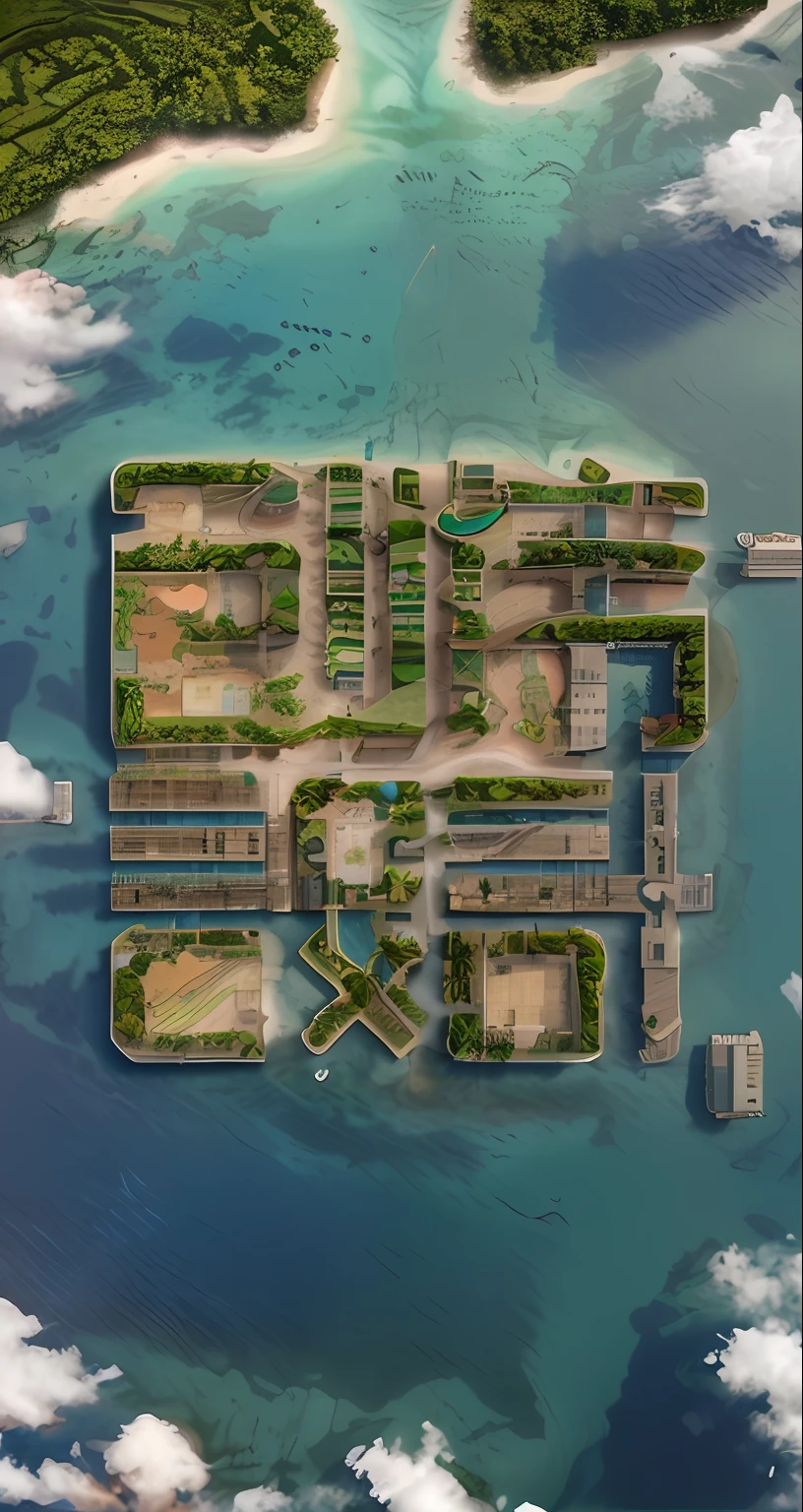 A close-up of a huge iconic building，It resembles a small island in the sea，Vacation sprinkler shop，Overhead shot,  Floating City, Atlantis City, The environment is nice，Turquoise waters， cidade costeira tropical, GTA : Dubai, urban planning, Iot，jetty，夏天，in a tropical and dystopic city, There are trees ，ultra - detailed, amazing photorealistic graphics, steam workshop maps, Beautiful 3D map