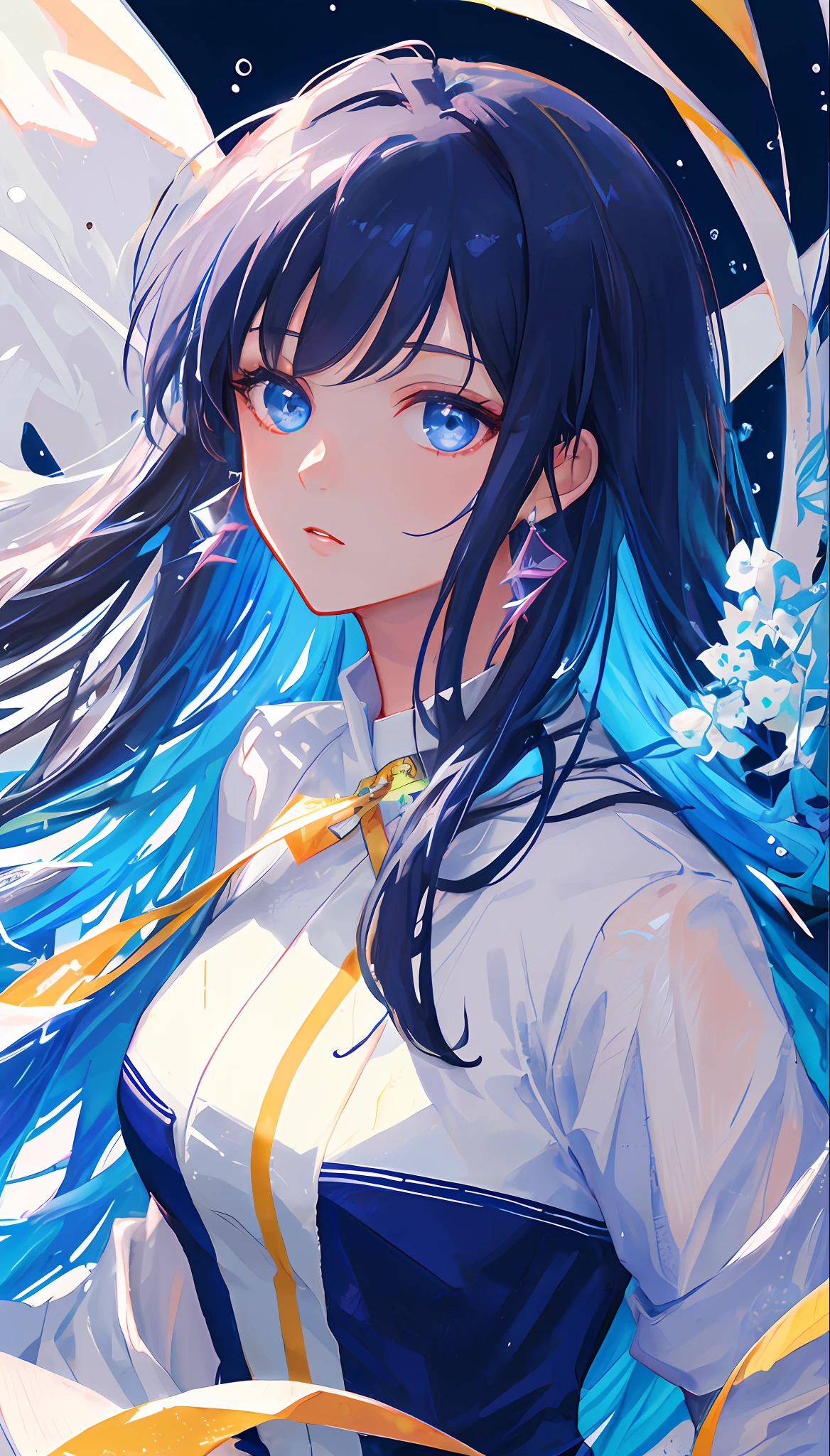 (masterpiece), (best quality), (ultra detailed),(disheed hair),(illustration), (1girl), (Fashionable clothing), standing, Fashion model, looking at viewer, (interview), (simple background),美丽细致的眼睛,Delicate and Pretty Face,afloat,(high saturated),(Colorful splashes),Colorful bubbles,(shine),focus onface,Ayaka Kamisato,dardark blue hair,By bangs,Hair rings,Floating flowers,Floating hair。Kizi, anime waifu, looking at viewer, highly detailed, reflections transparent iridescent colors, long transparent iridescent RGB hair, artby Serafleur from artstation, thick acrylic,Illustration on pixiv,Portrait of waist up,gorgeous sacred girl,Best quality at best,ultra - detailed,grieves,clever,Nice face,Nice lighting on black background,The character style rendered by Octane,