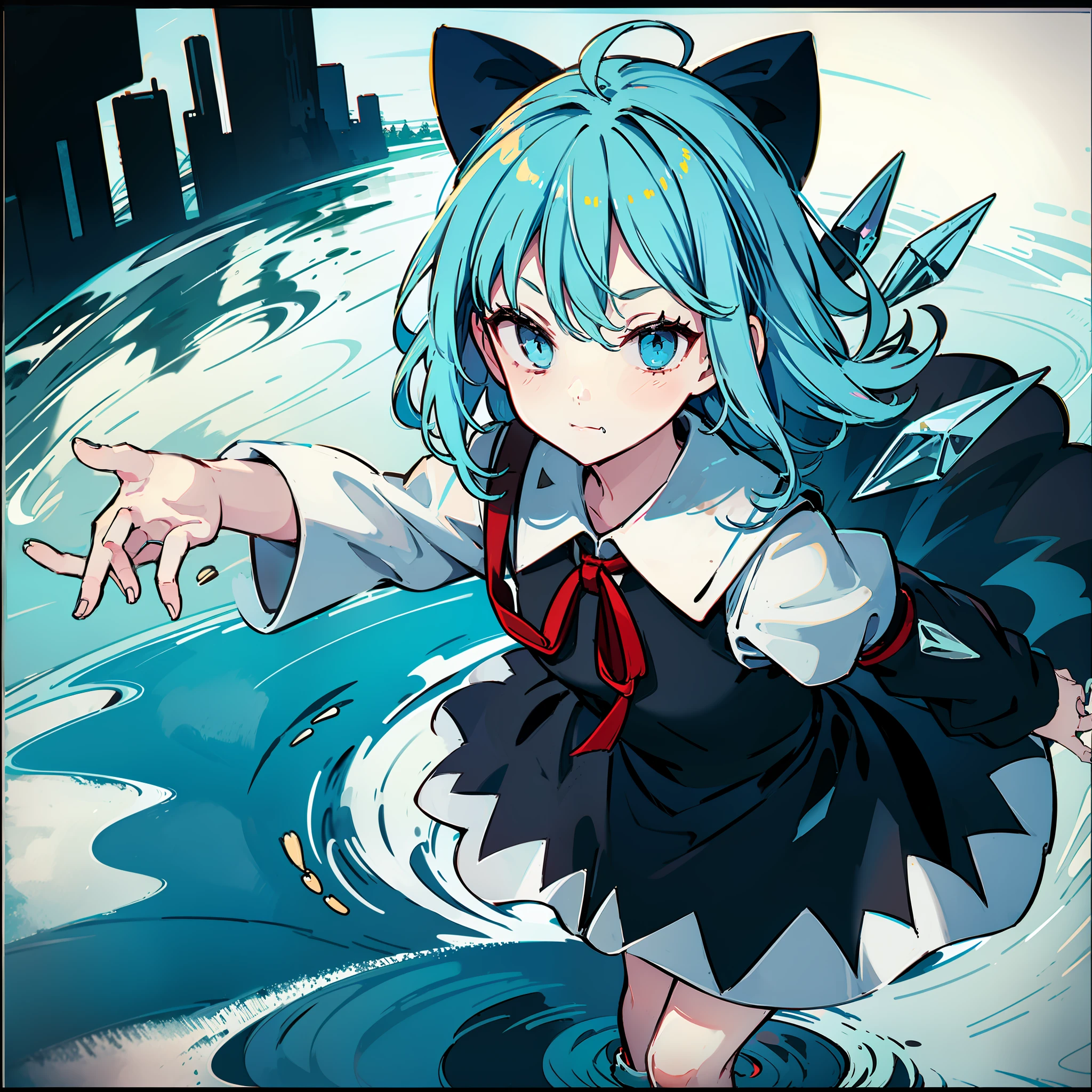 masutepiece, Fine detail, 4K, 8K, 12K, Solo, 1 person, Beautiful Girl, caucasian female, Cirno、Light blue hair、Blue ribbon、Short bite、Blue dress、white long sleeves、Spreading sleeves、lake、foggy
