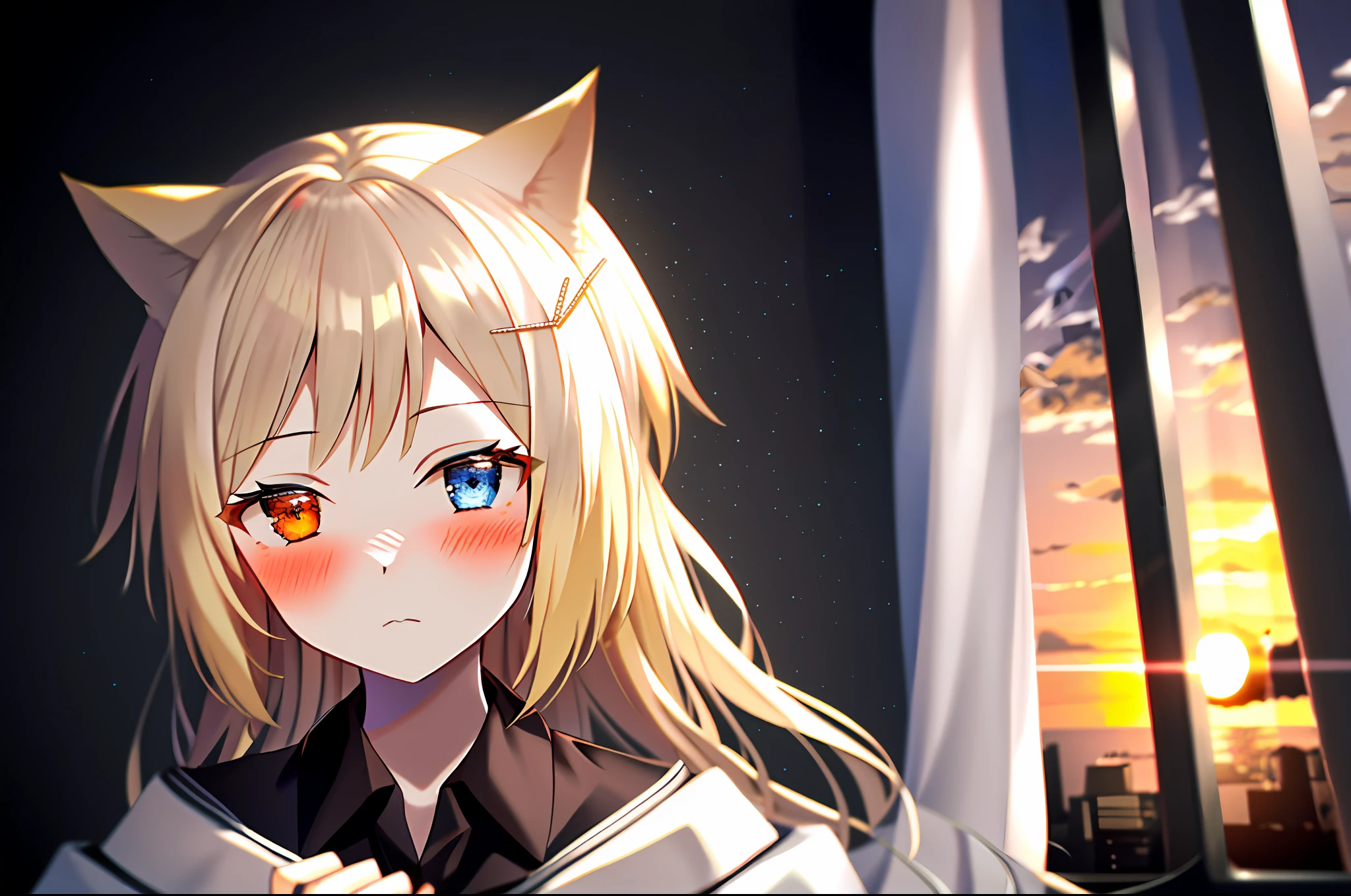 nightmare \(arknights\), 1girl, solo, heterochromia, animal ears, white background, blush, blue eyes, orange eyes, sleeves past wrists, long hair, closed mouth, hair ornament, shirt, blonde hair, cat ears, bangs, collared shirt, long sleeves, calm, indoors, (looking in window), hands together, (sunset)