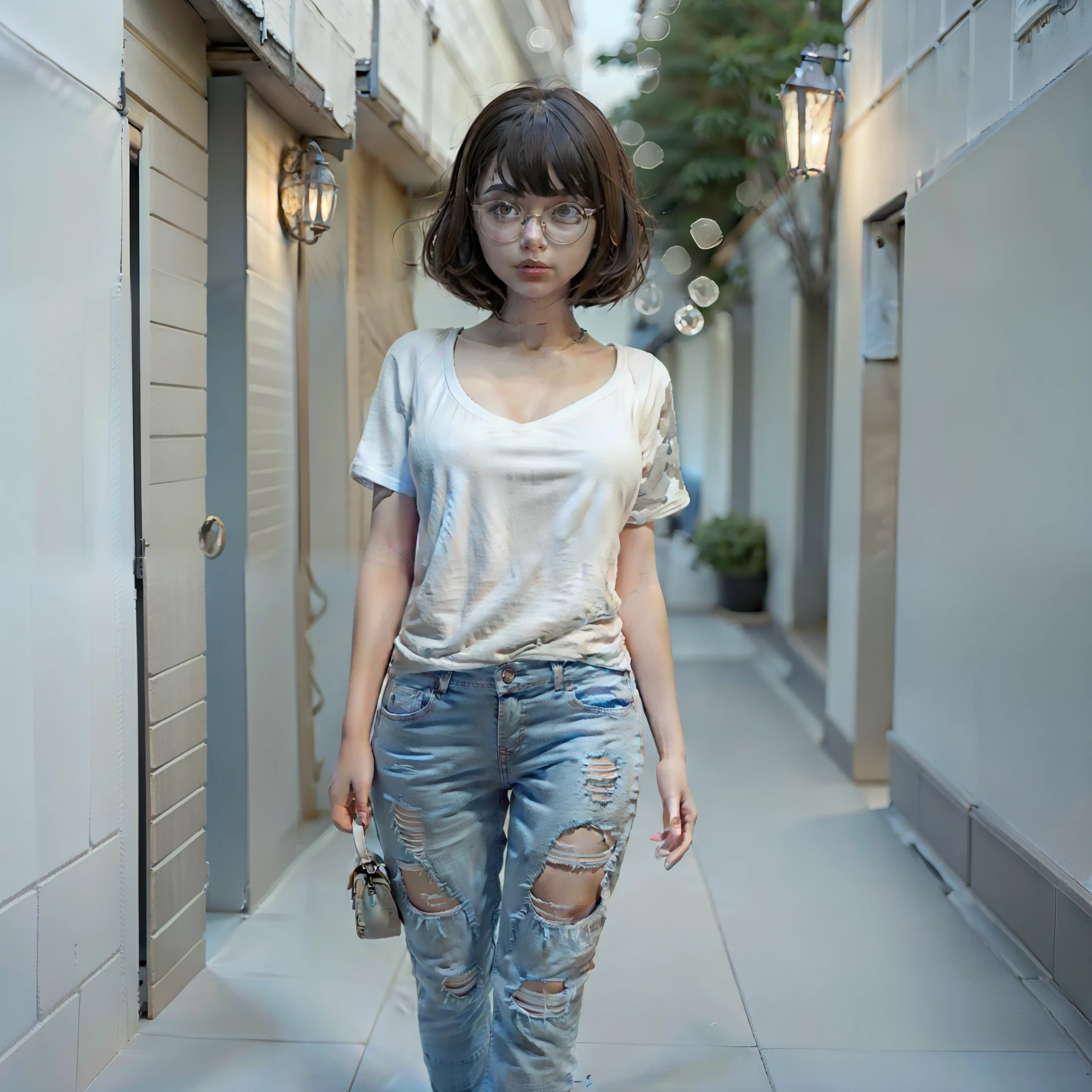 Short hair shawl，Woman in T-shirt and jeans，Take a walk on a midsummer night，