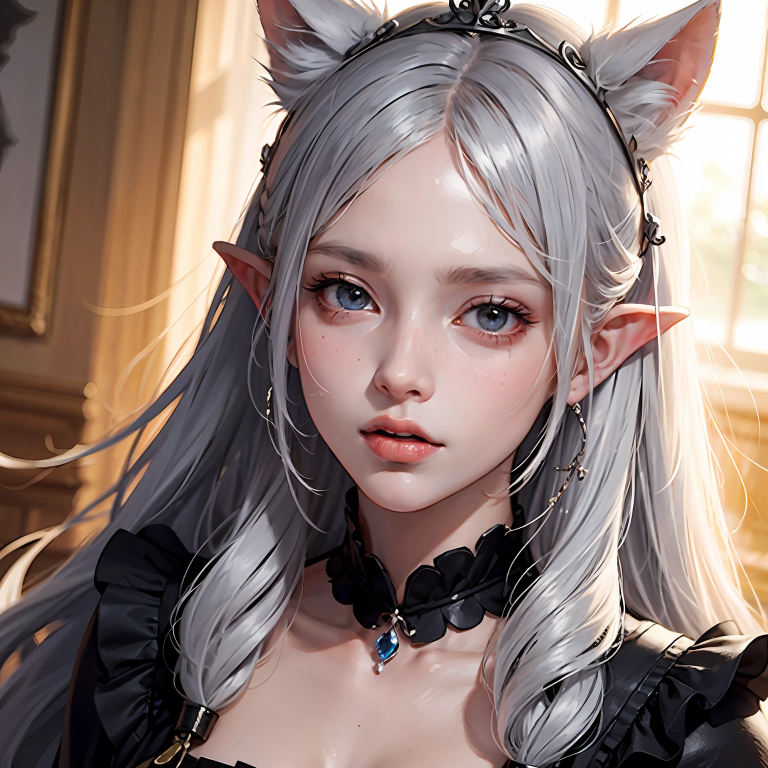wince, pointy ears, empty eyes, long hair, sad, tongue out, ear blush, expressionless eyes, silver hair, endured face, crown, tachi-e, rococo style, anime style, cinematic lighting, Ghibli-like colours, god rays, anime, super detail, ccurate, best quality, masterpiece, award winning --auto