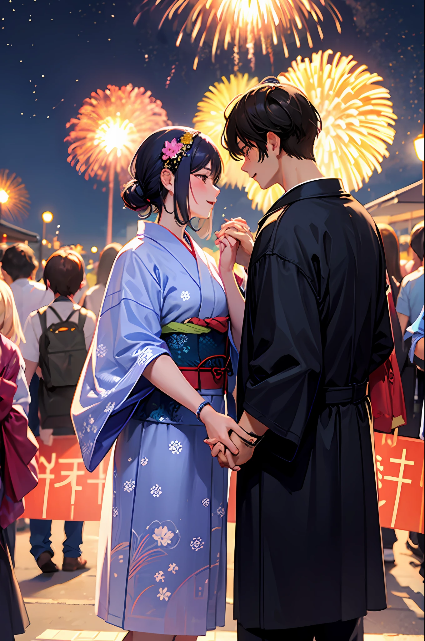 a couple、Man and woman holding hands、Lovers、Yukata、Summer Festivals、Fireworks Festival、natta