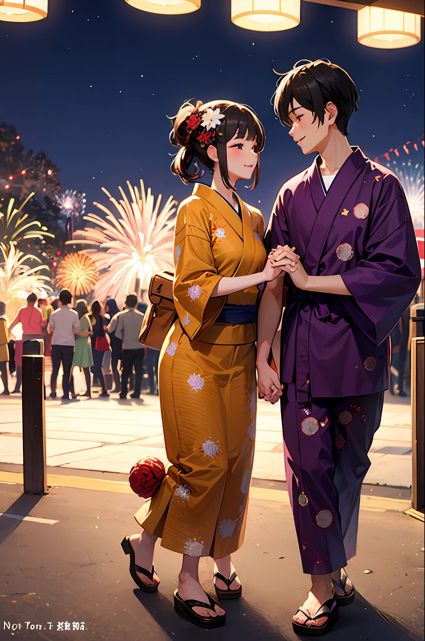 a couple、Man and woman holding hands、Lovers、Yukata、Summer Festivals、Fireworks Festival、natta