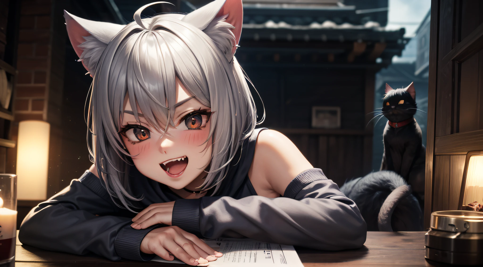 hair bobbles, wince, longeyelashes, solid circle eyes, light smile, ear blush, fang, cat ears, slit pupils, yandere, skin fang, fang out, jitome, yandere, white hair, ahoge, drop shadow, anaglyph, stereogram, tachi-e, pov, atmospheric perspective, anime, outside border, hatching (texture), Canon, 8k, super detail, ccurate, best quality, UHD, retina --auto