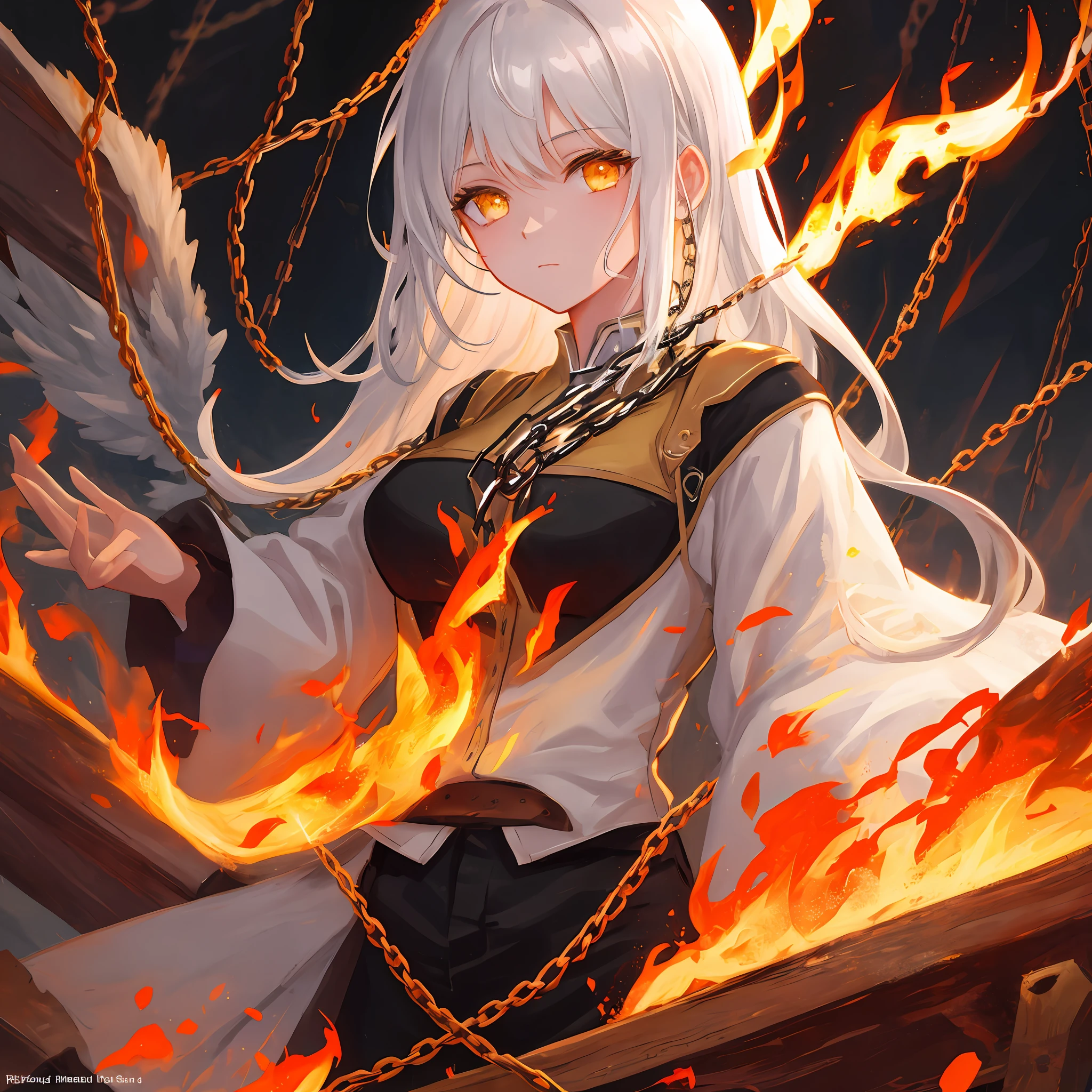 Masterpiece, best quality, super detailed, illustration, close-up, direct, 1girl, white hair, yellow eyes, angel, chains, masterpiece, fancy background, fire, rainstorm