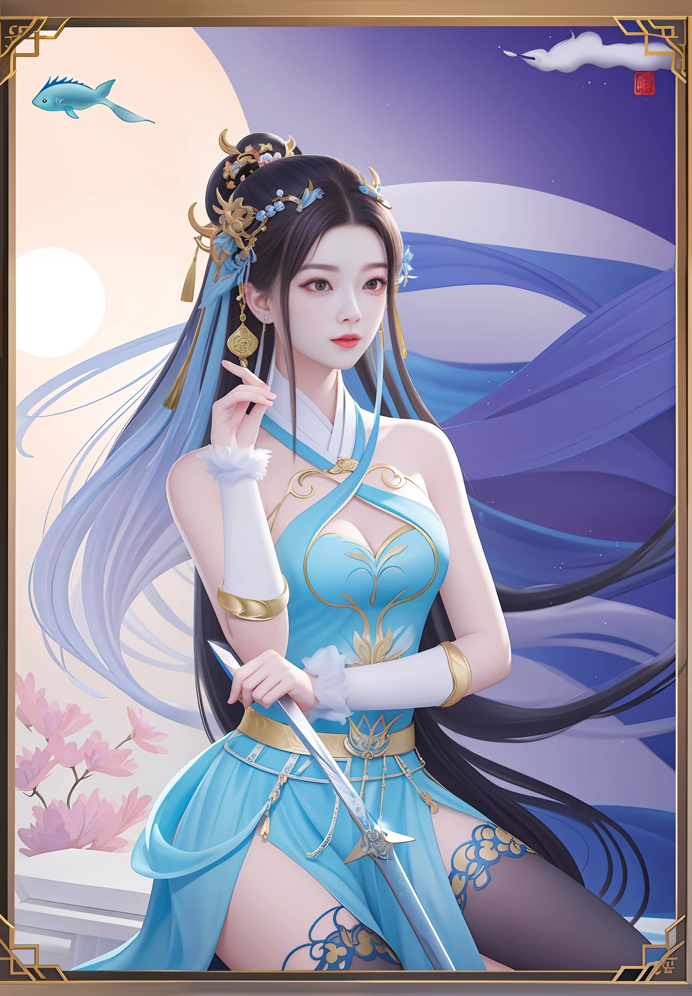 A woman in a blue dress holds a sword before the full moon, inspired by Du Qiong, Inspired by Lan Ying, Beautiful character painting, full-body xianxia, queen of the sea mu yanling, Inspired by Qiu Ying, Inspired by Li Tang, inspired by Ju Lian, a beautiful fantasy empress, inspired by Zhao Zuo