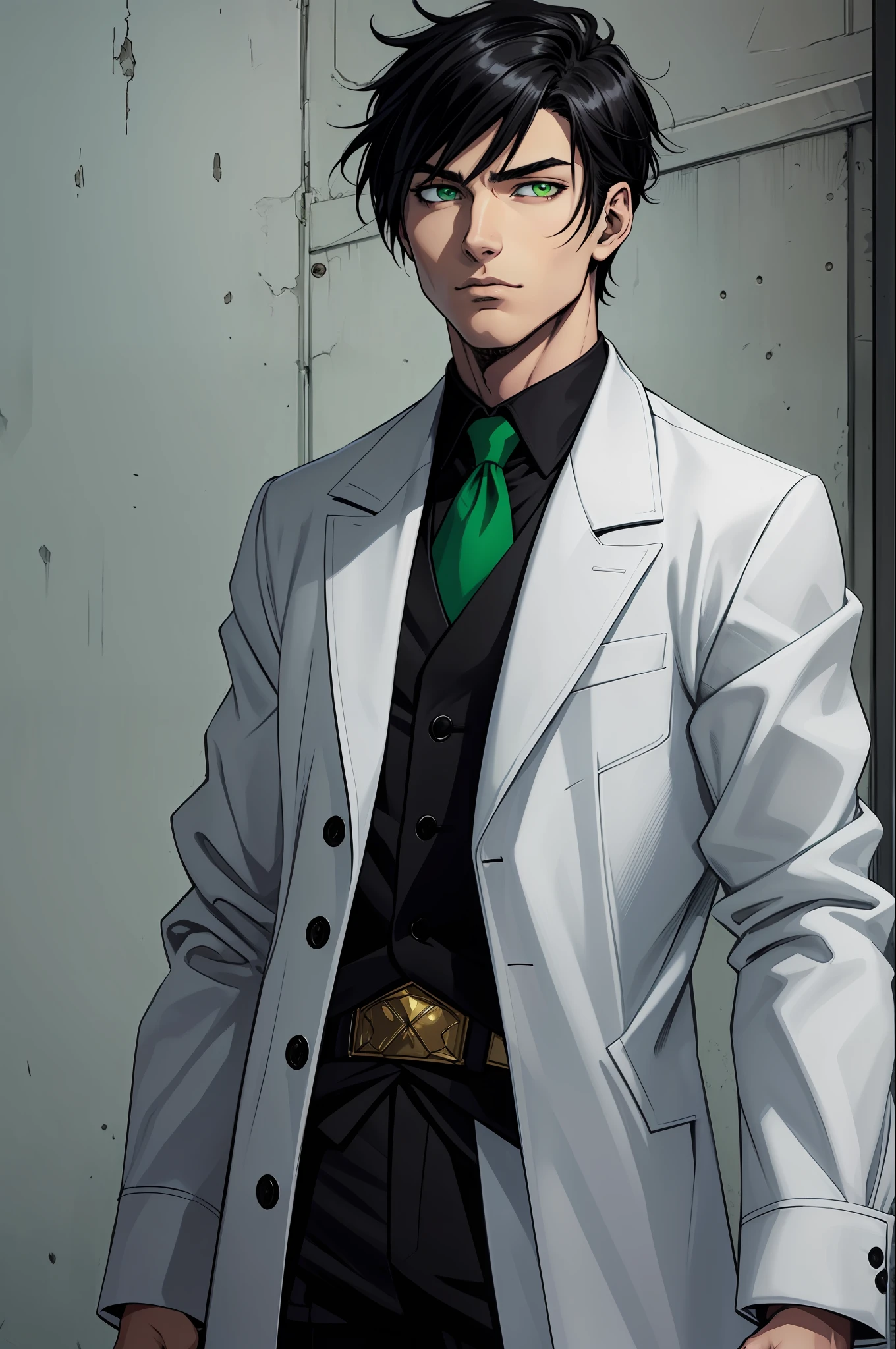 anime, male, short black hair with a part painted in white on the fringe, green eyes with reptilian pupils, wearing a black coat and a white dress shirt --auto --s2