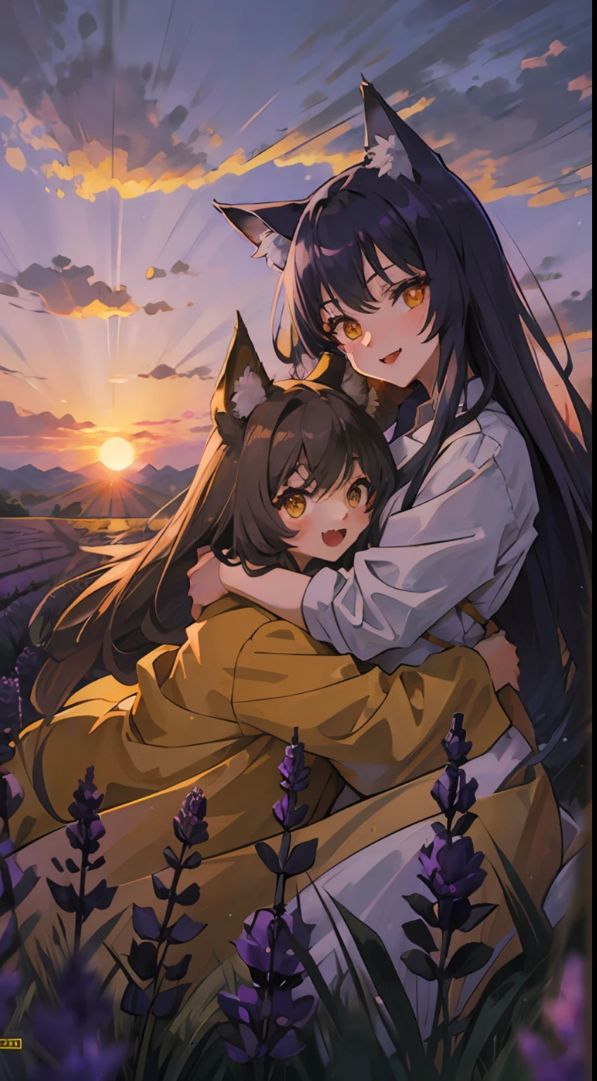the setting sun, lavanda fields, The two hugged, Rolling peaks, wolf ears, yellow eyes, purple hair, fang out, happy, wide shot, anime, masterpiece, best quality --auto