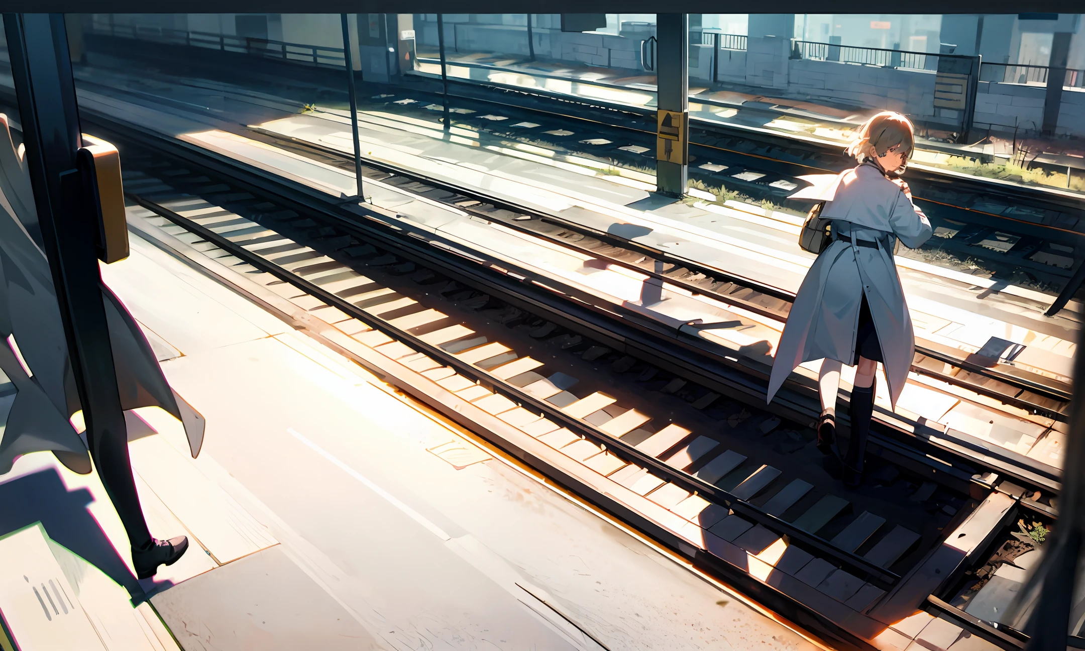 Train station，Back Shadow，boot，White trench coat，railway，intersection，leaving，Extreme