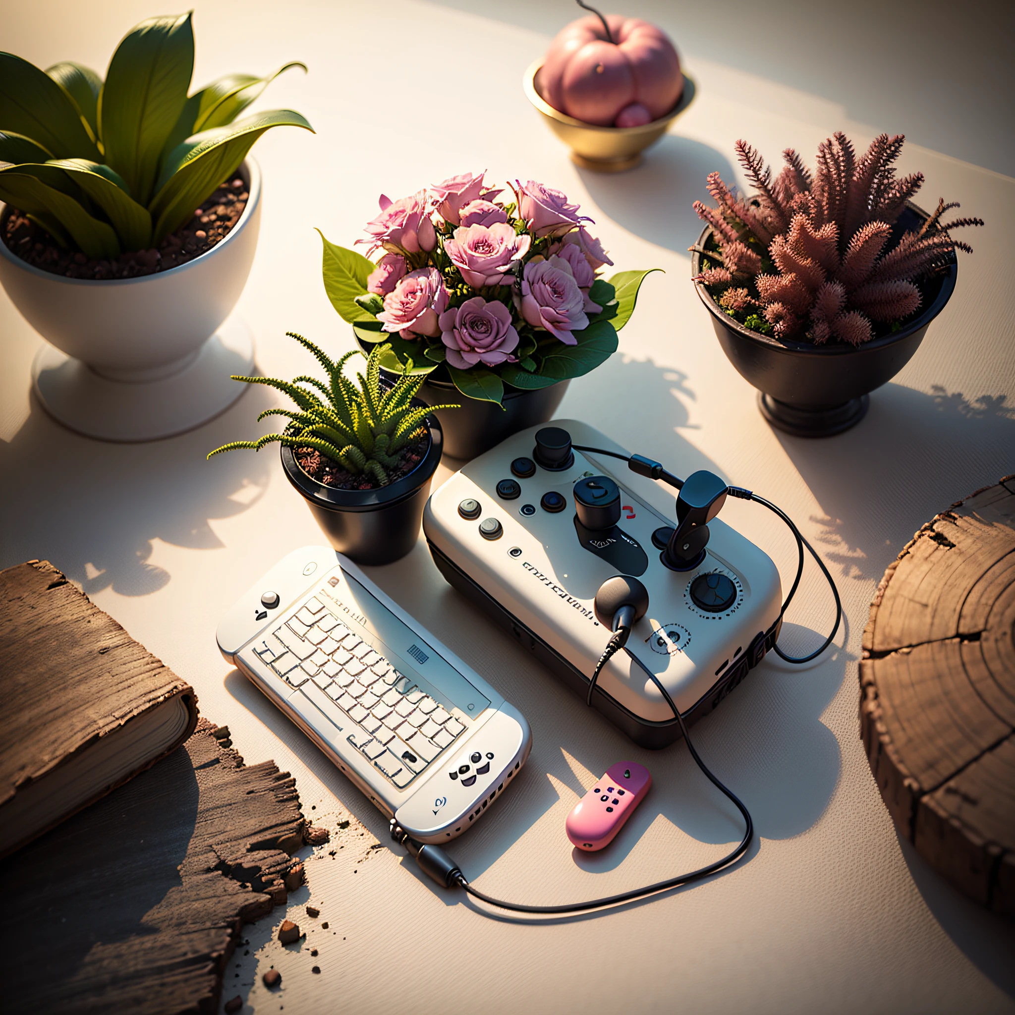 On a white desk,On the white table is a charging treasure,A Nintendo controller,with plants around it,Pink headphones, Simple and clean, Shooting in bright spaces, full - view, Top view, a wide full shot, Nice composition,Nordic style shooting