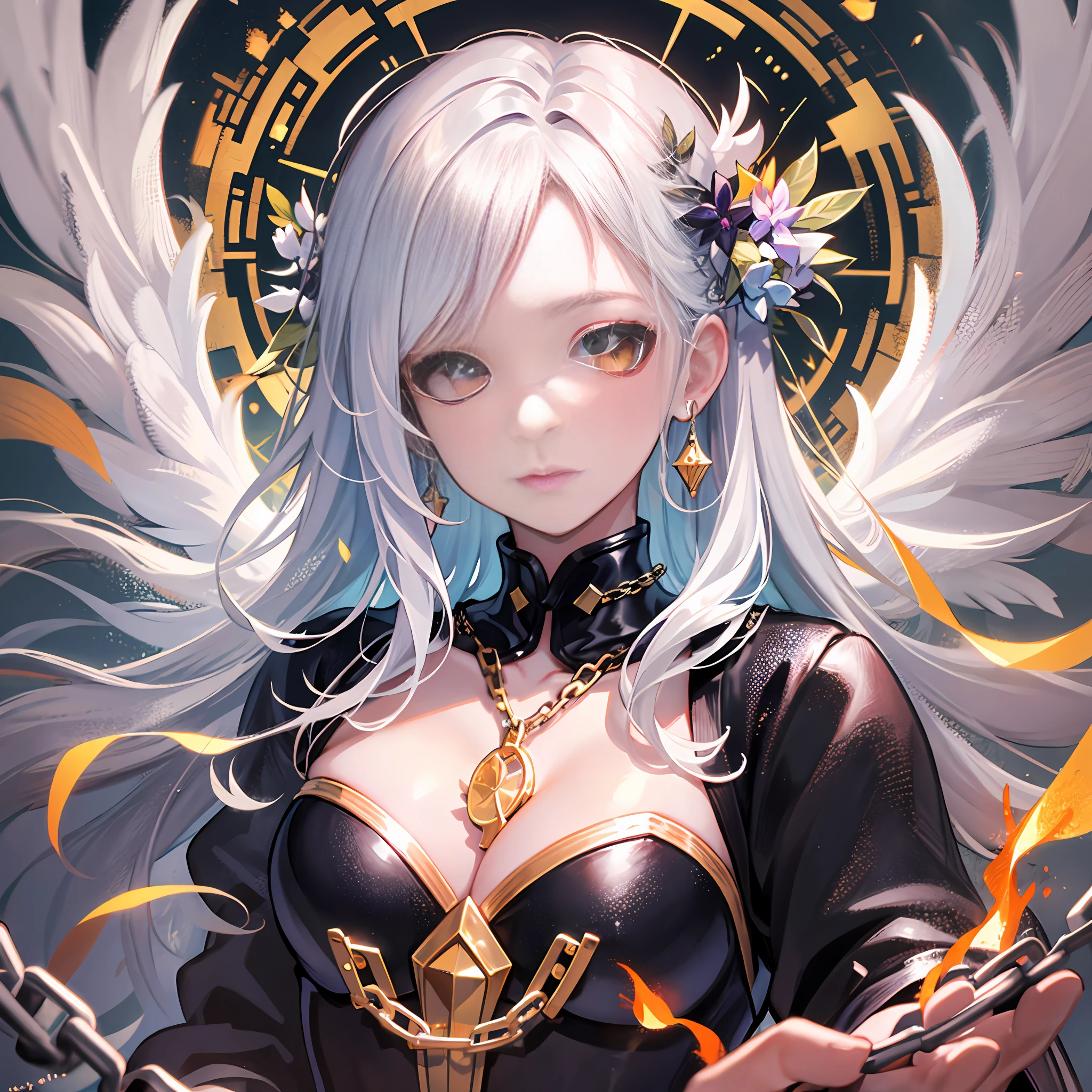 Masterpiece, best quality, super detailed, illustration, close-up, direct, 1girl, white hair, yellow eyes, angel, chains, masterpiece, fancy background, fire, rainstorm
