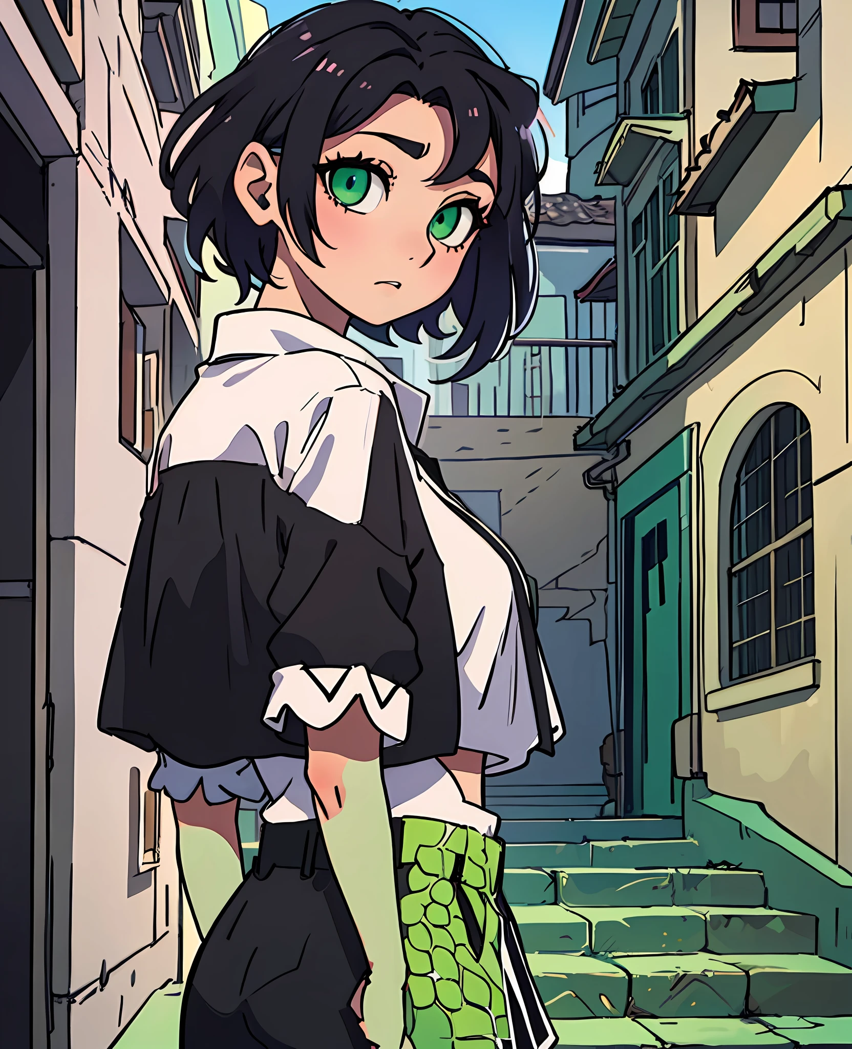 anime, short black hair with a white part standing out, reptilian green eyes, wearing a black blouse and a white shirt underneath --auto --s2