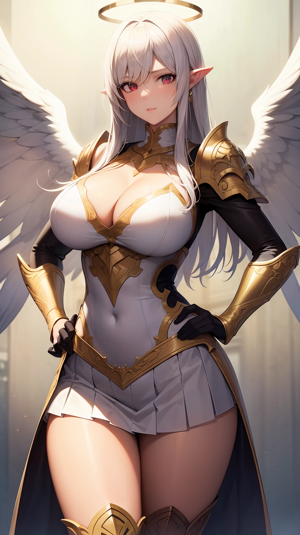 Masterpiece, Best Quality, Super Detail, Original Art, Concept Art, cold Colors, Depth of Field, Ultra- wide angle, Special Effects
Lens, Clear Focus, (Beautiful Detailed Face), (Beautiful Detailed Eyes), illustration, highly detailed, solo, doll, gorgeous details, overexposure, cowboy shot, white pleated skirt, facing viewer, 1 adult female, shiny skin, shiny hair, mature female, adult lady like woman, bare thigh, red eyes, hair over shoulder, pointy ears, beautiful detailed eyes, beautiful detailed face, beautiful detailed breast, long hair, bangs, floating hair, white hair, metal, symmetry gold armor, large angel wings, symmetry white's wings, seraph, halo, thigh boots leg armor, long legs, hands on hips, tall image, standing, apollo's belt,