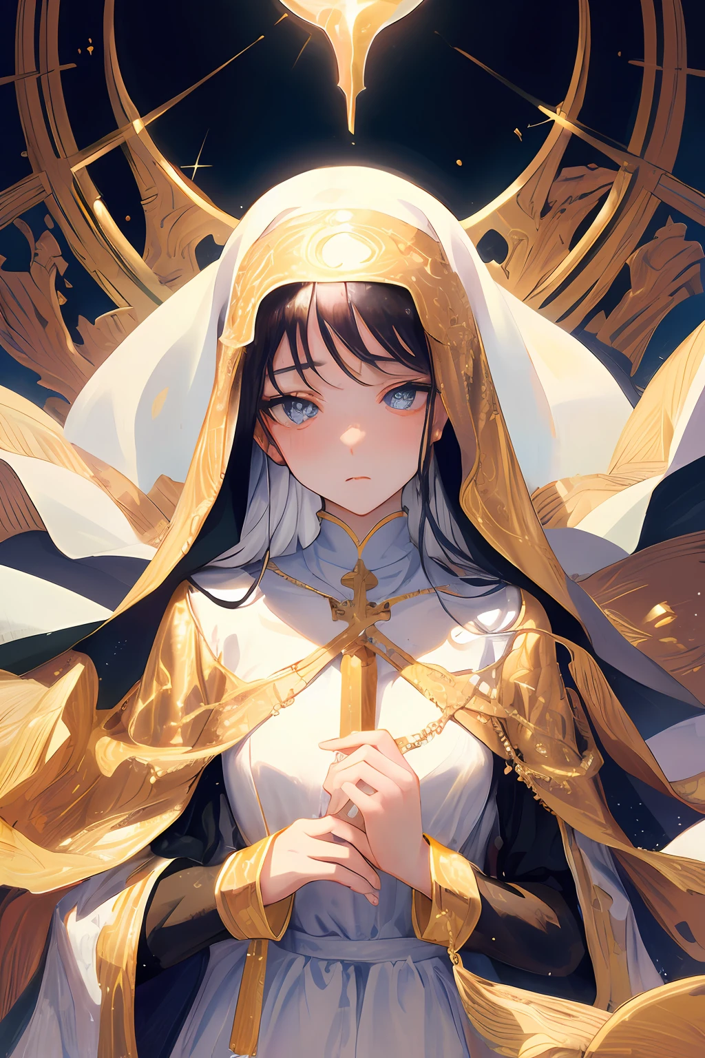 ((tmasterpiece、Need、ultra-delicate、A high resolution)), 独奏, a beauty girl, sparkle eyes, perfect  eyes, 15year old, Black and white gold theme,lewd nun