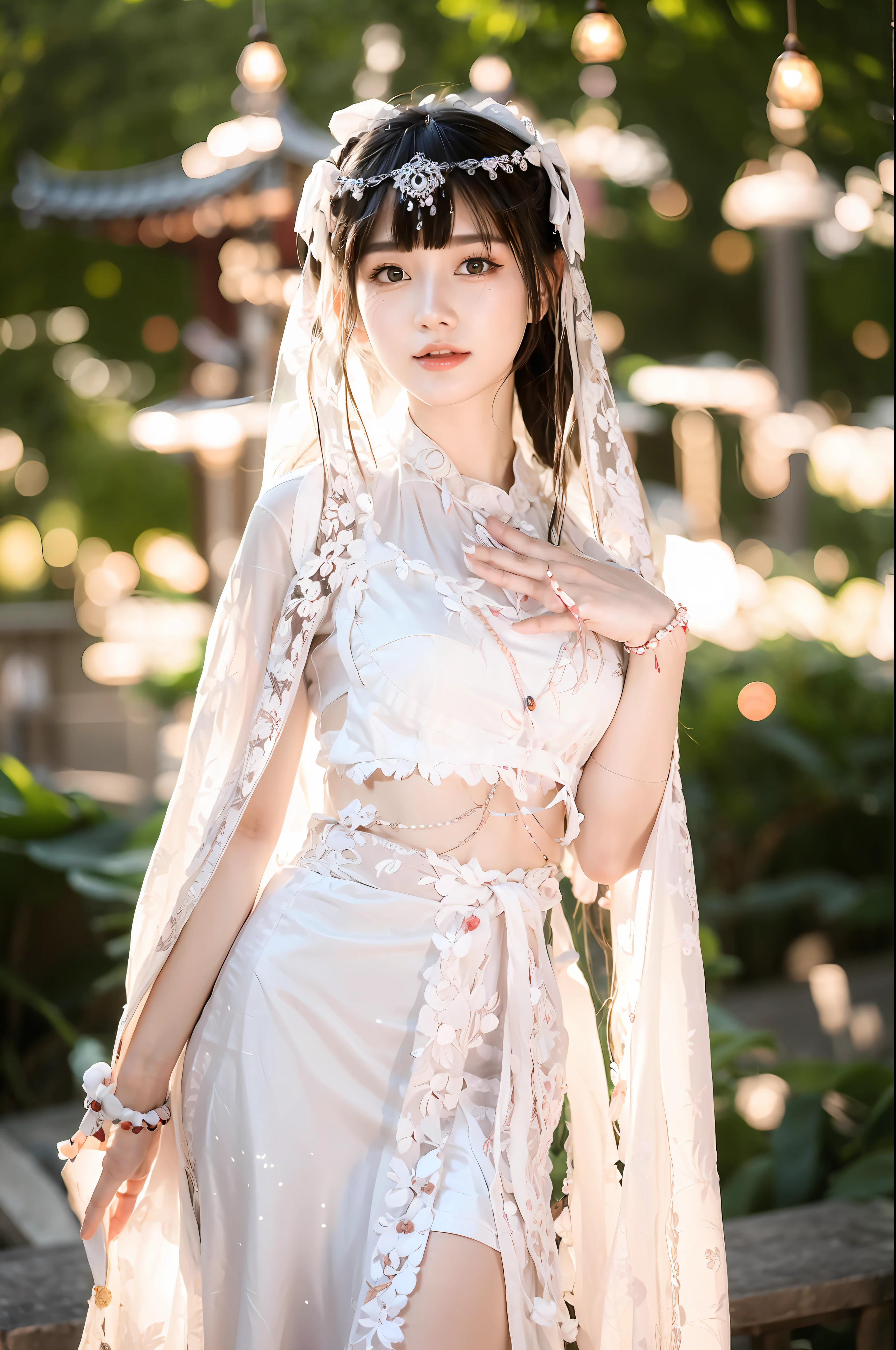 Arapei woman in white dress and veil poses for a photo, White Hanfu, Palace ， A girl in Hanfu, Ethereal beauty, Chinese costume, dilraba dilmurat, Chinese girl, a beautiful fantasy empress, full-body xianxia, shaxi, Hanfu, Beautiful oriental woman, Gorgeous Role Play, beautiful costume